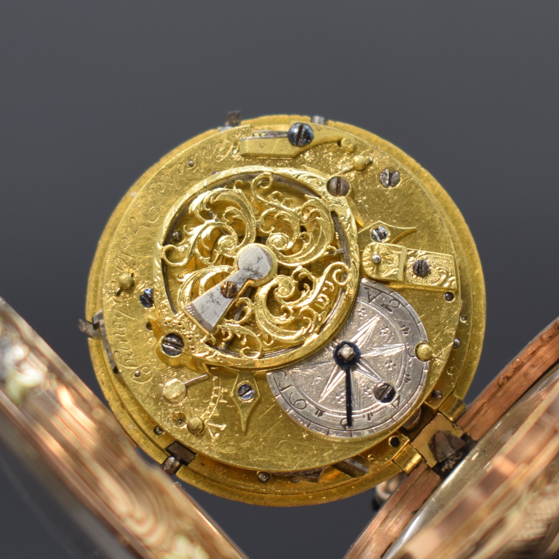 Detail c: HENTSCHEL ? Strassbourg / TADEUSZ KOSZIUSZKO Spindeltaschenuhr mit 1/4-Repetition in 4- Farb-Gold, Frankreich um 1780, offenes Geh. m. grossem ...