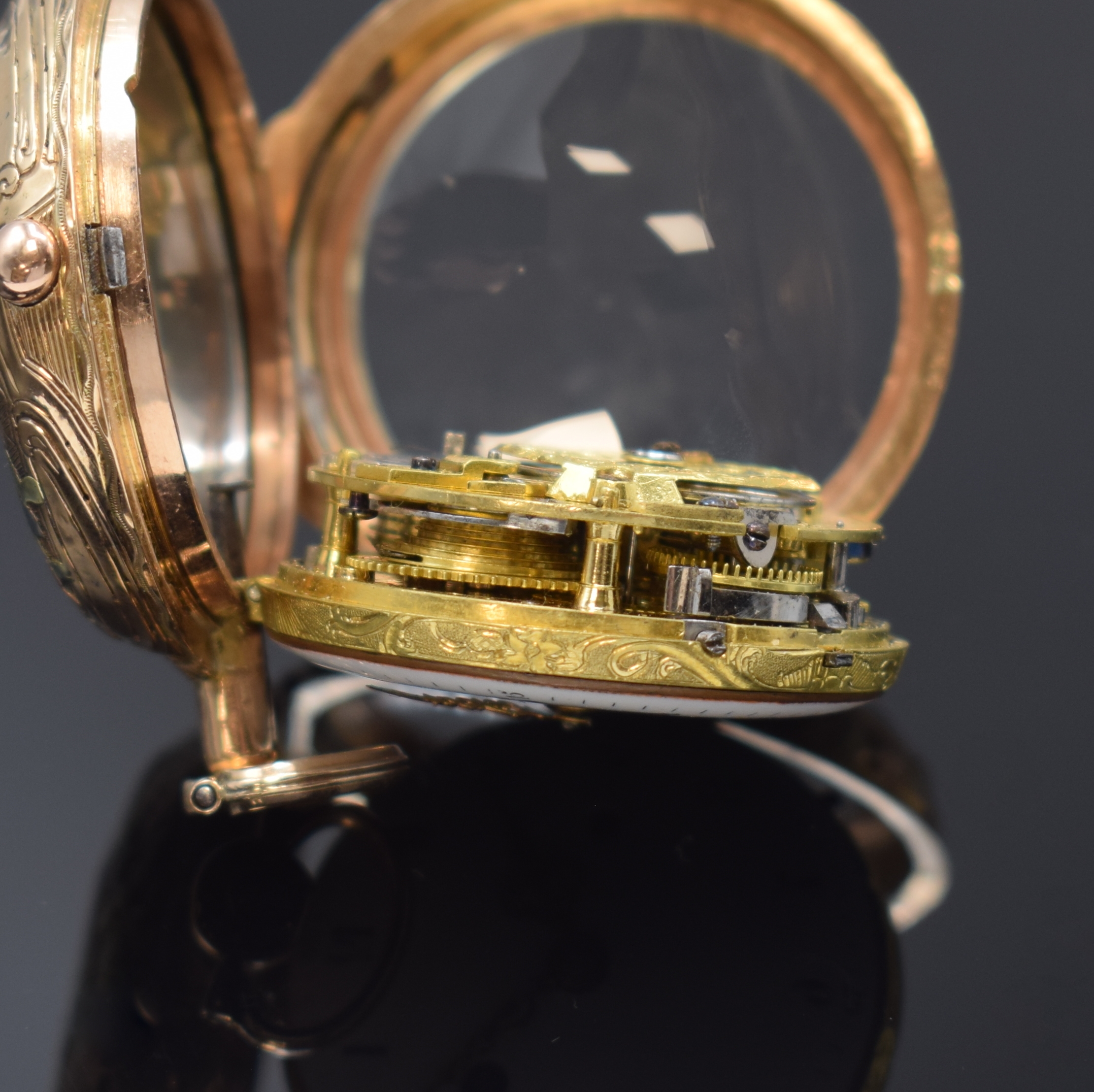 Detail d: HENTSCHEL ? Strassbourg / TADEUSZ KOSZIUSZKO Spindeltaschenuhr mit 1/4-Repetition in 4- Farb-Gold, Frankreich um 1780, offenes Geh. m. grossem ...