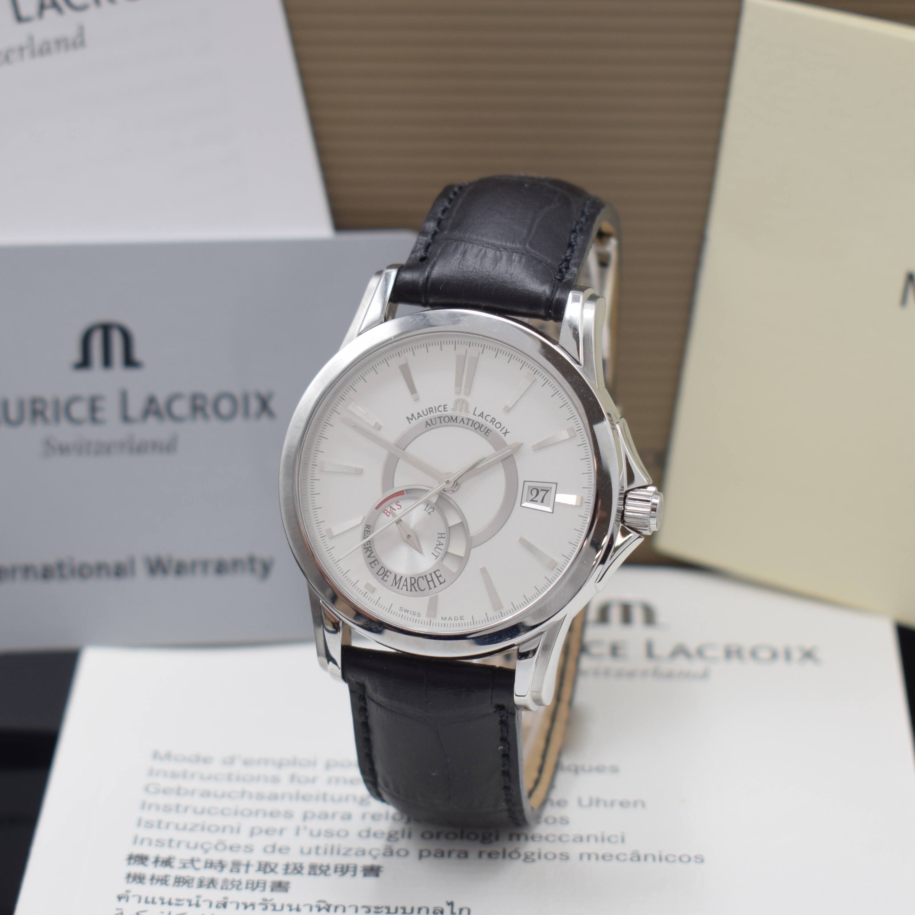 MAURICE LACROIX Herrenarmbanduhr Pontos Reserve de Marche Referenz PT6088, Automatik, Schweiz um 2009, Edelstahlgeh. inkl. orig. Lederband m. orig. ...