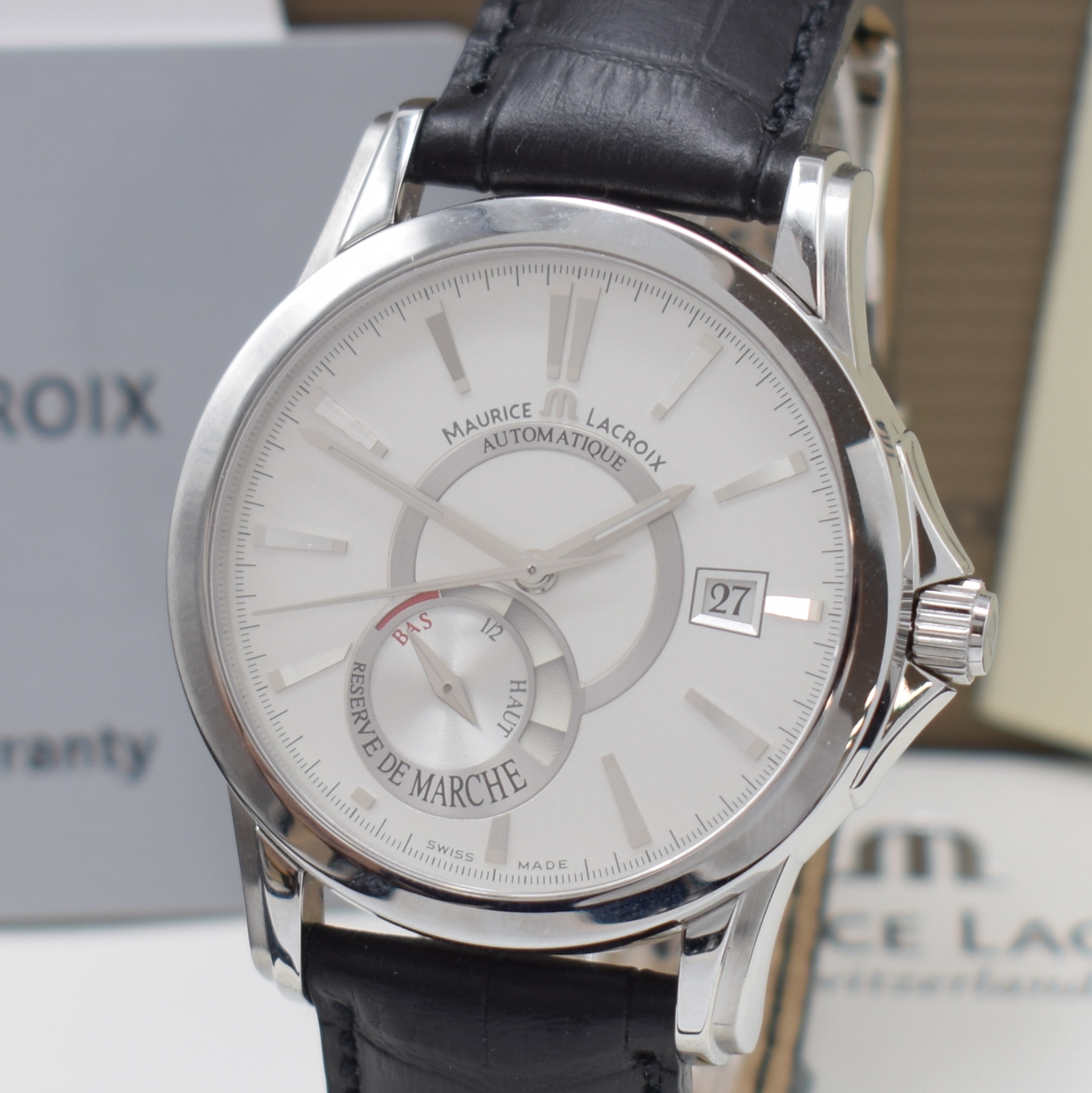 Detail a: MAURICE LACROIX Herrenarmbanduhr Pontos Reserve de Marche Referenz PT6088, Automatik, Schweiz um 2009, Edelstahlgeh. inkl. orig. Lederband m. orig. ...