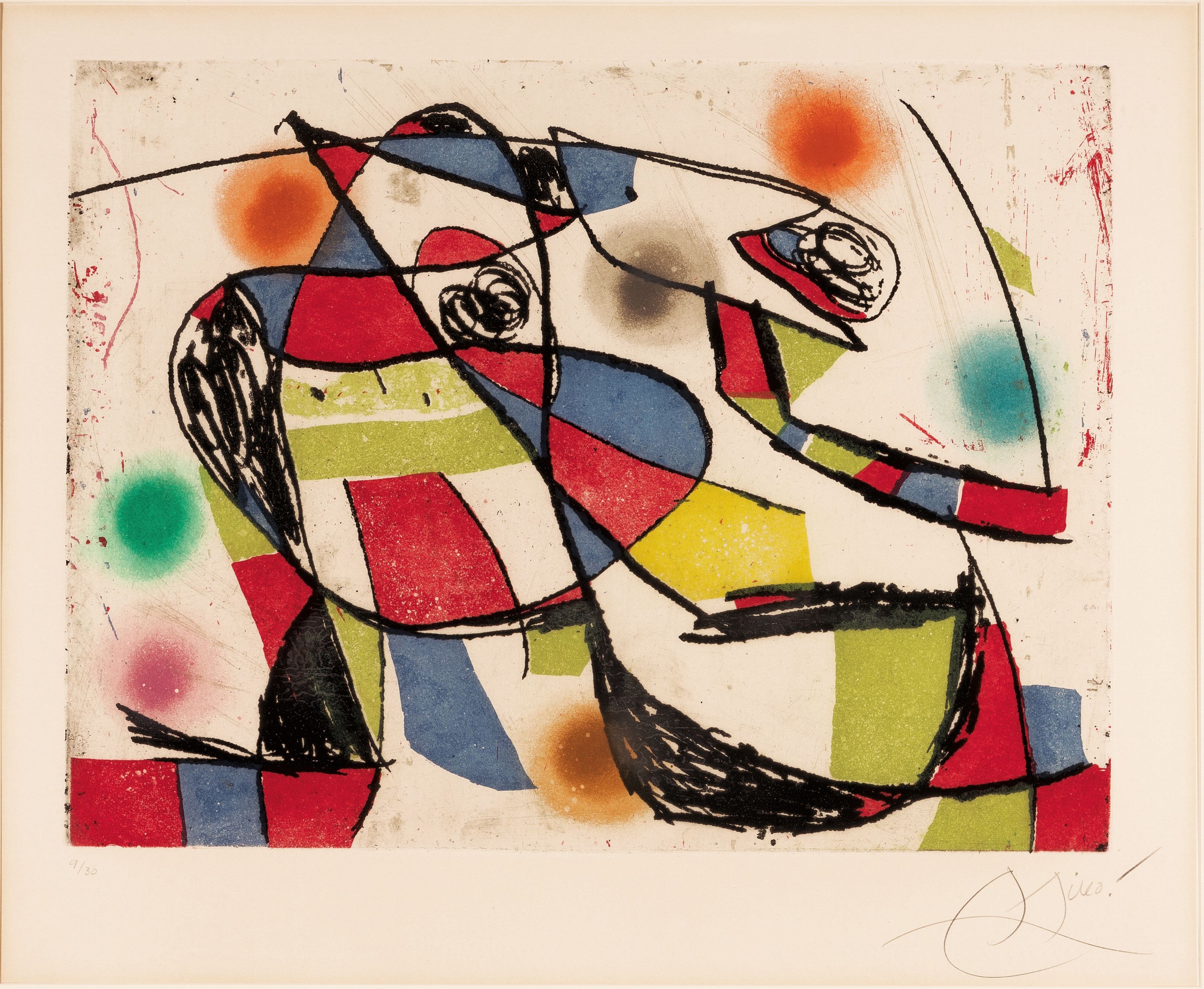 Joan Miro, 1893-1983, Enrajolats III, Farbradierung von 1979, handsigniert und num. 9/30, ca. 39x52, leicht gebräunt, PP, u.Gl., R. ca. 76x86cm, ...