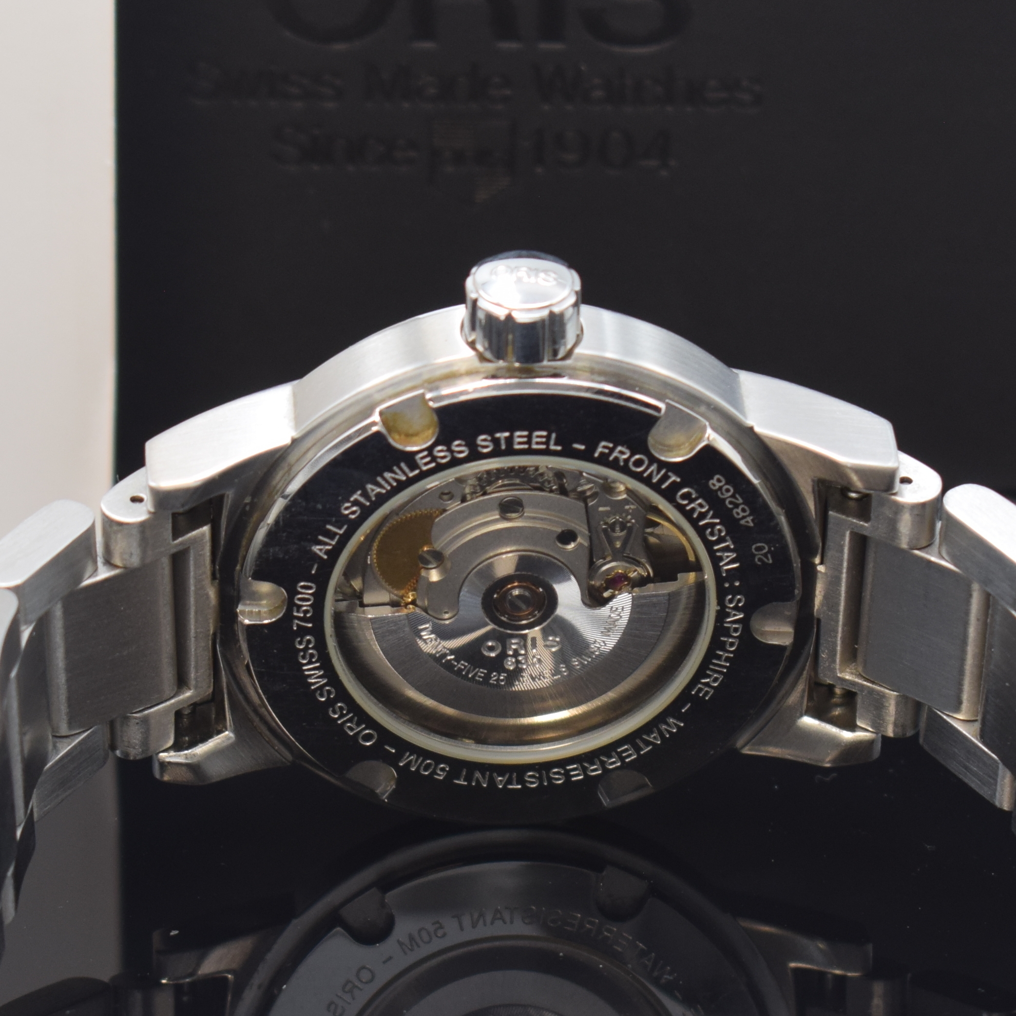 Detail c: ORIS Big Crown BC3 Herrenarmbanduhr Referenz 7500, Schweiz um 2000, Automatik, beids. vergl. Edelstahlgeh. inkl. Gliederband m. Faltschl., Boden ...
