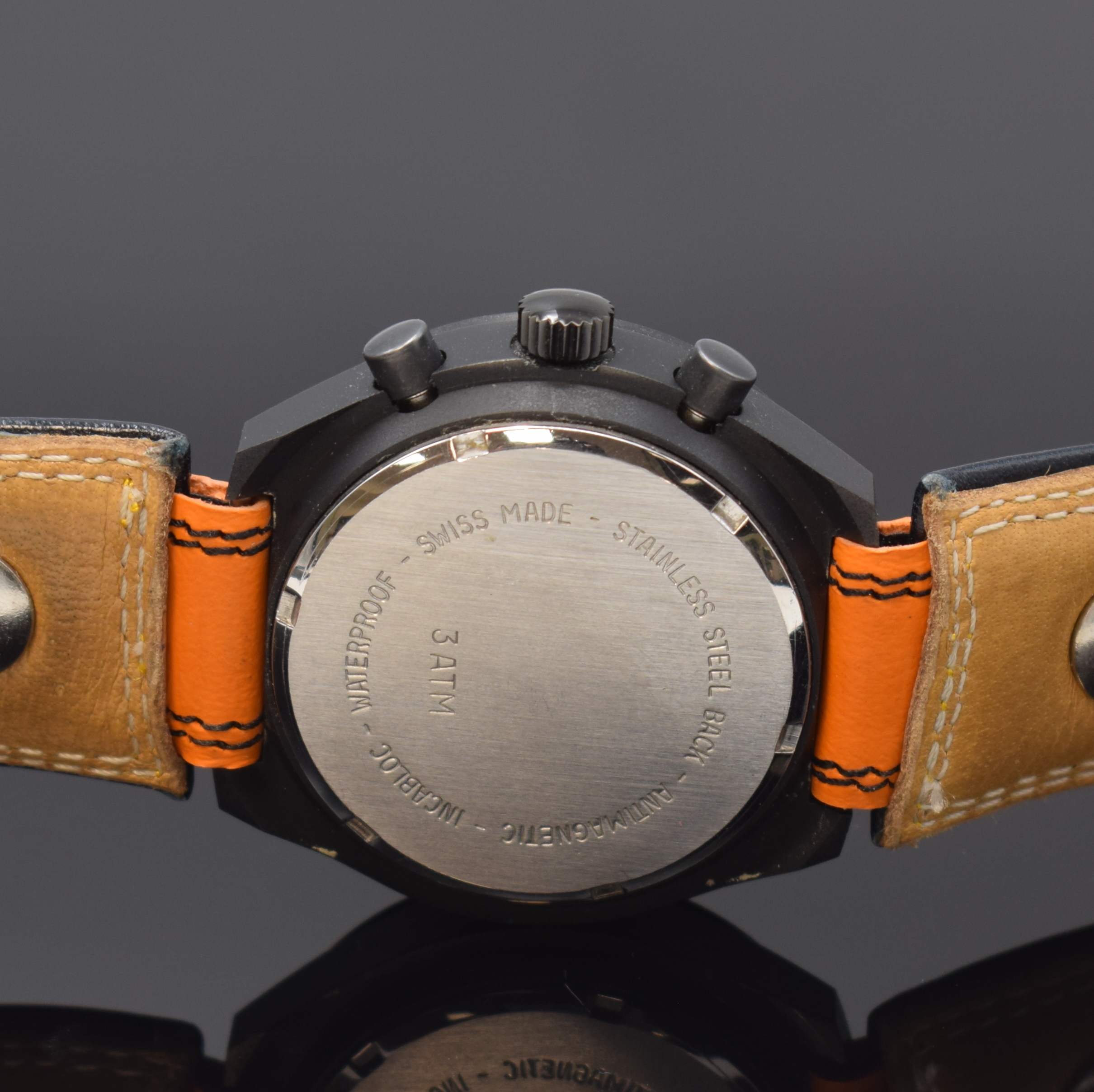 Detail c: PARTEX Armbandchronograph mit Kaliber Valjoux 7734, Schweiz um 1970, Handaufzug, geschw. Geh., Edelstahlboden verschr., schwarzes Zifferbl. m. ...