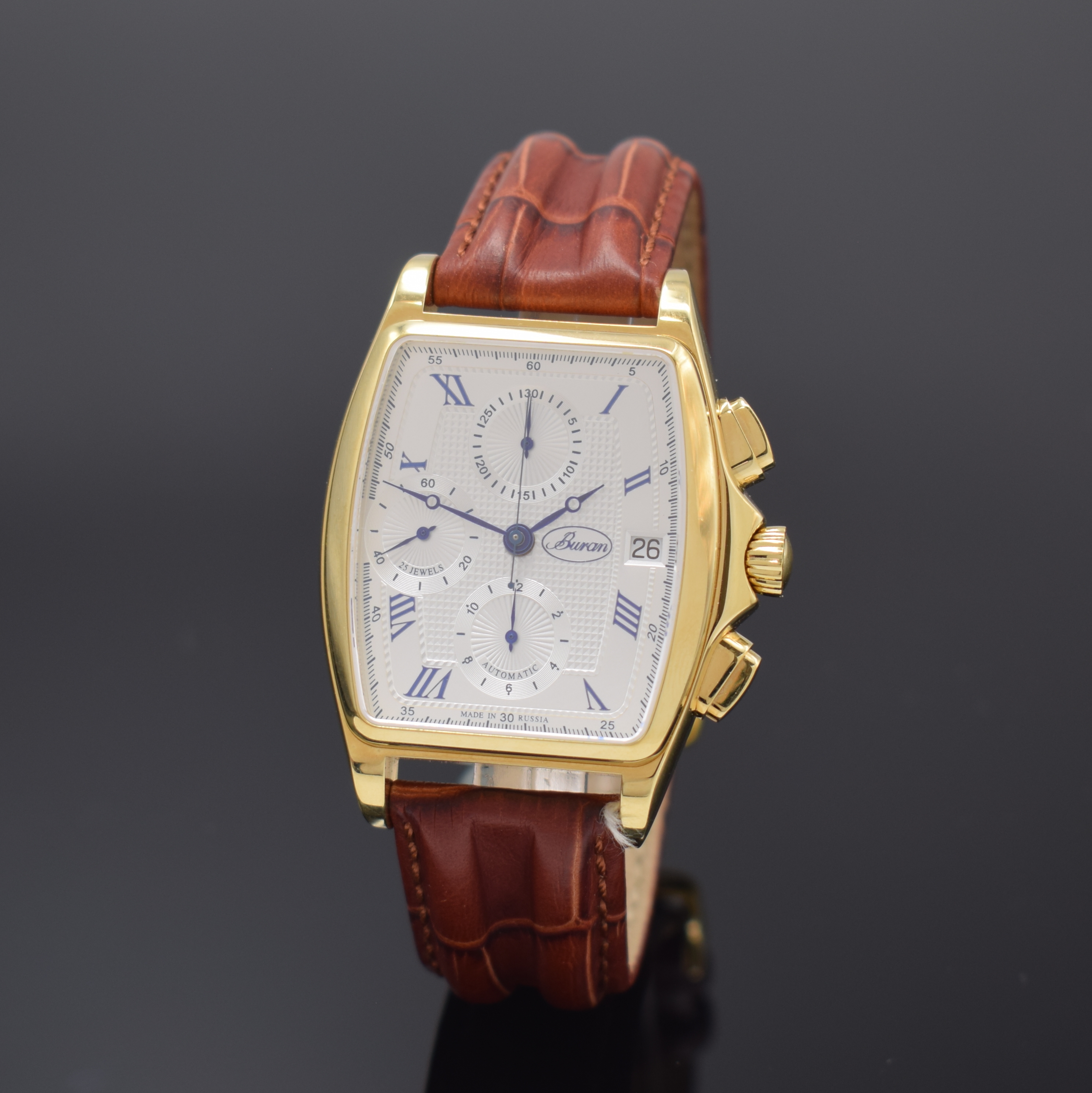 BURAN auf 200 Stück limitierter Armbandchronograph, Automatik, Russland/Schweiz um 2010, verg. Geh. inkl. orig. Lederband m. orig. Dornschl., Boden ...