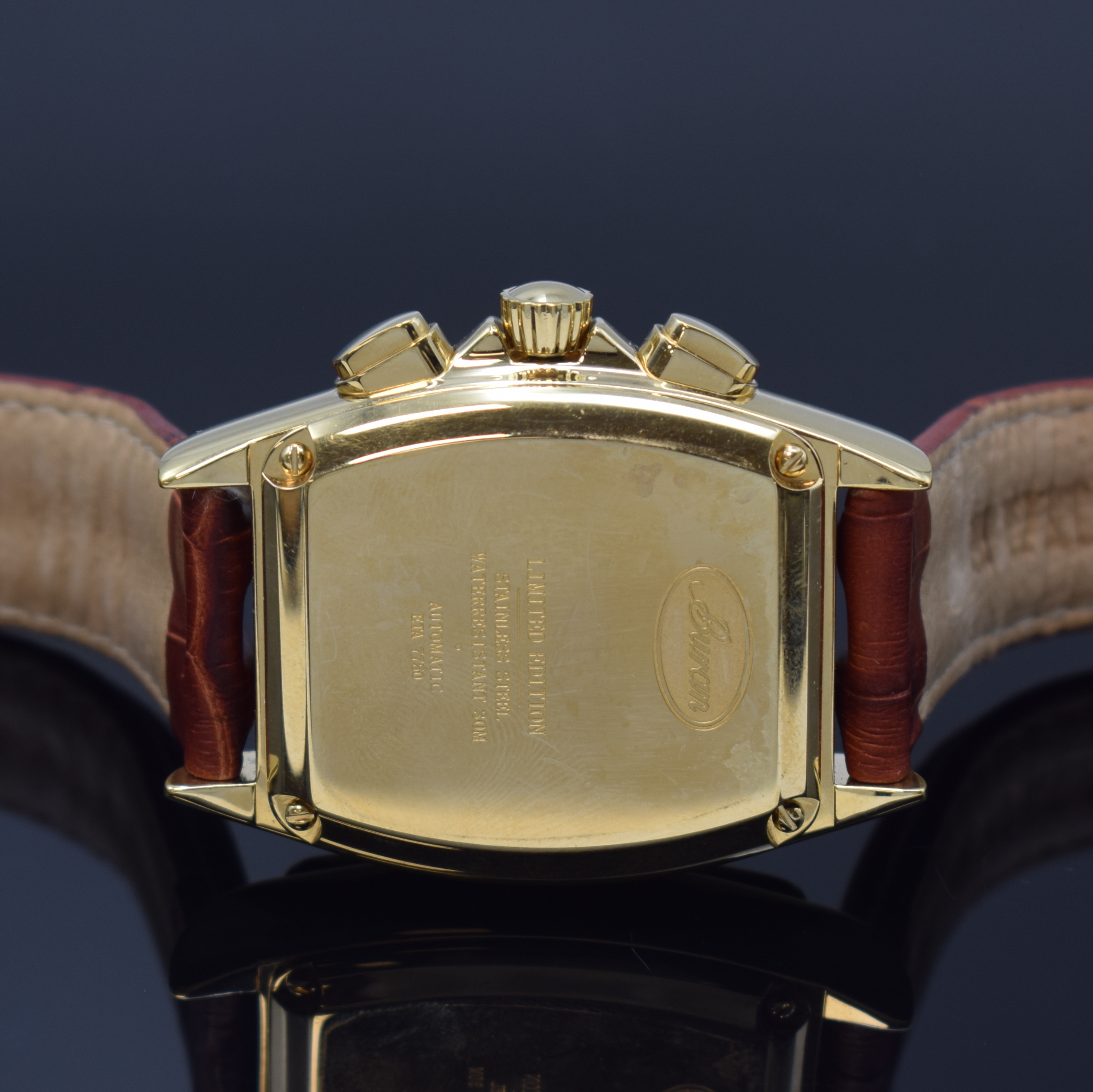 Detail d: BURAN auf 200 Stück limitierter Armbandchronograph, Automatik, Russland/Schweiz um 2010, verg. Geh. inkl. orig. Lederband m. orig. Dornschl., Boden ...