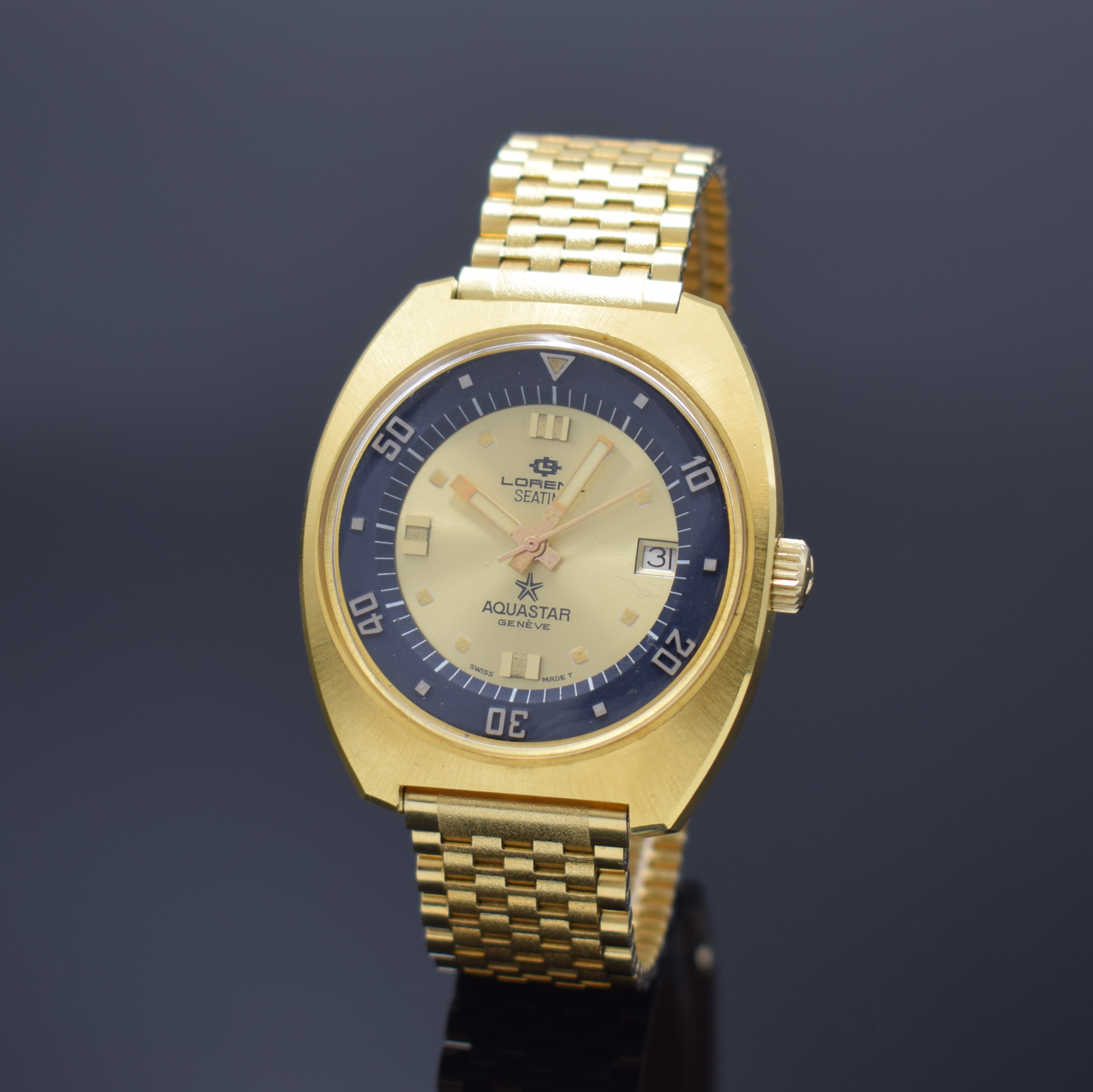 LORENZ Herrenarmbanduhr Seatime Aquastar Referenz 1000, Automatik, Schweiz 1970er Jahre, verg. Geh. inkl. orig. Gliederband, Boden verschr., Anz. v. ...