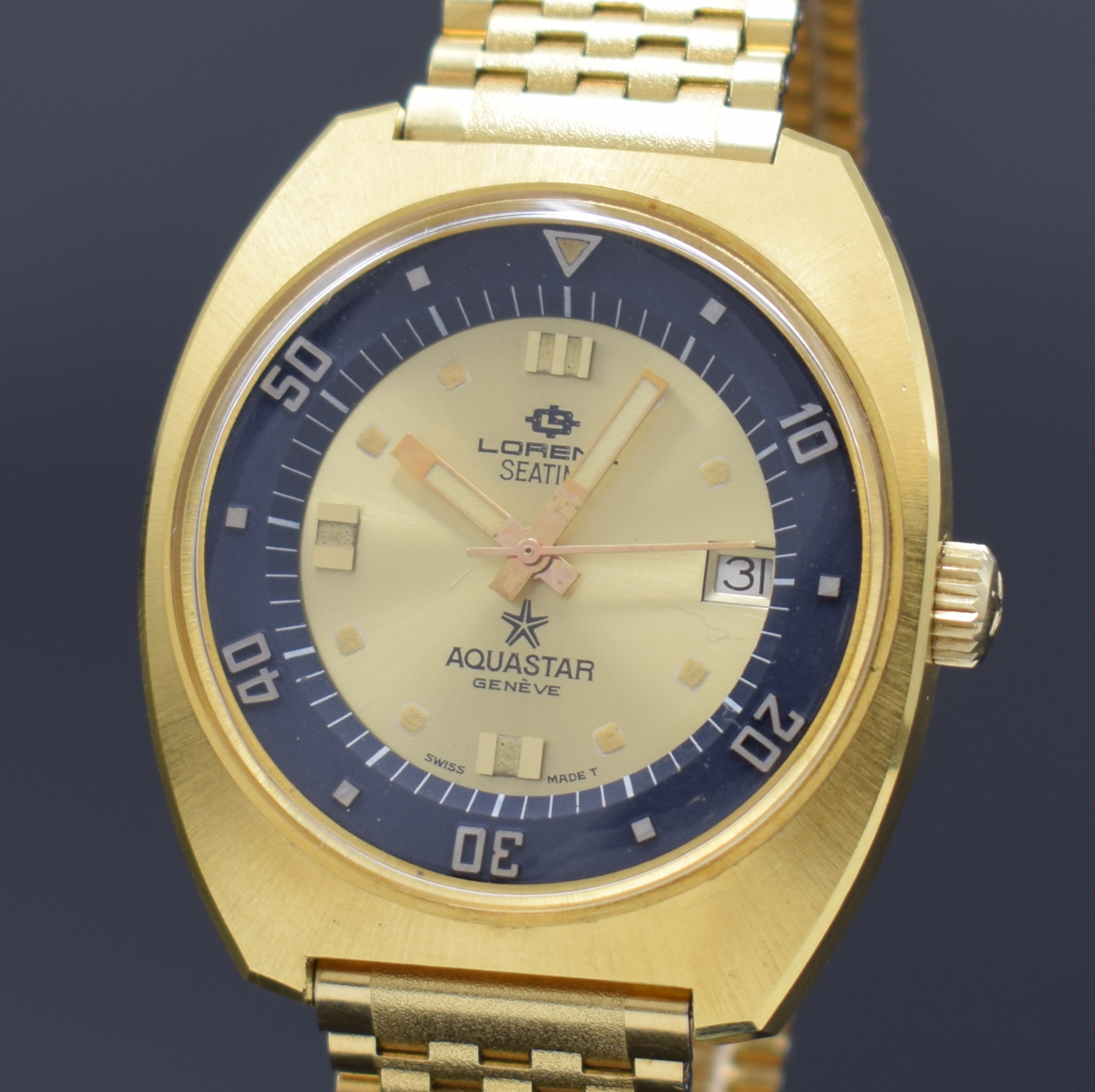 Detail a: LORENZ Herrenarmbanduhr Seatime Aquastar Referenz 1000, Automatik, Schweiz 1970er Jahre, verg. Geh. inkl. orig. Gliederband, Boden verschr., Anz. v. ...