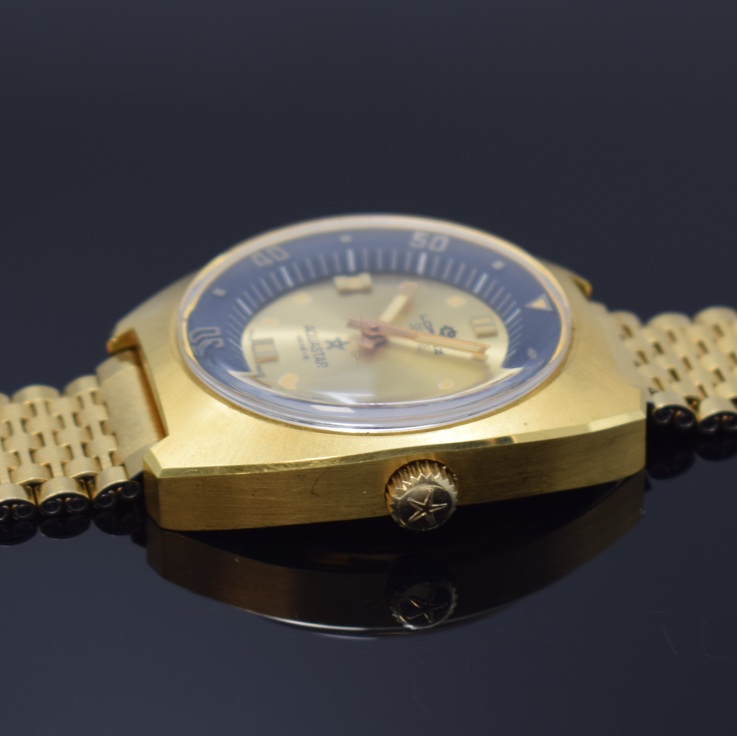 Detail c: LORENZ Herrenarmbanduhr Seatime Aquastar Referenz 1000, Automatik, Schweiz 1970er Jahre, verg. Geh. inkl. orig. Gliederband, Boden verschr., Anz. v. ...