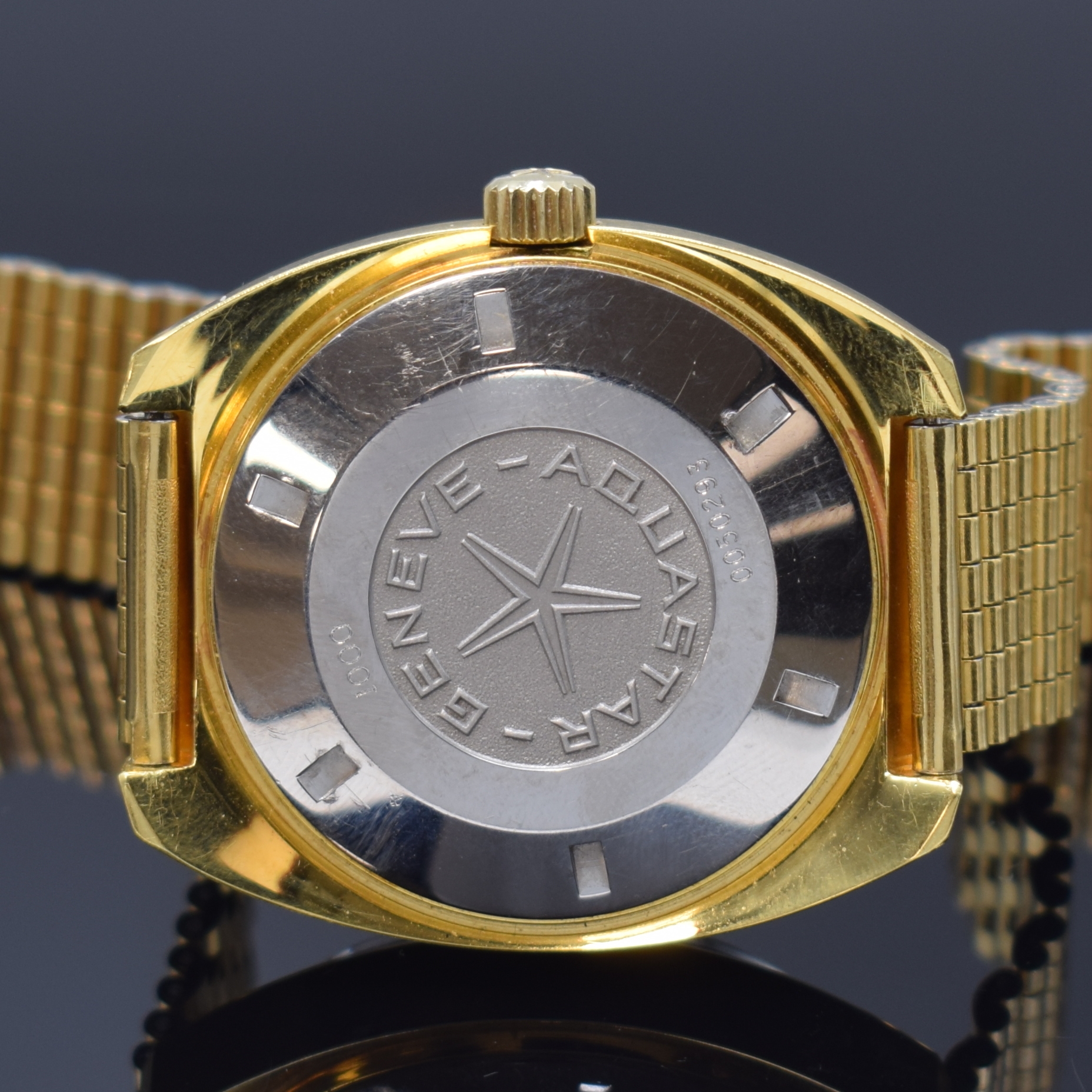 Detail d: LORENZ Herrenarmbanduhr Seatime Aquastar Referenz 1000, Automatik, Schweiz 1970er Jahre, verg. Geh. inkl. orig. Gliederband, Boden verschr., Anz. v. ...