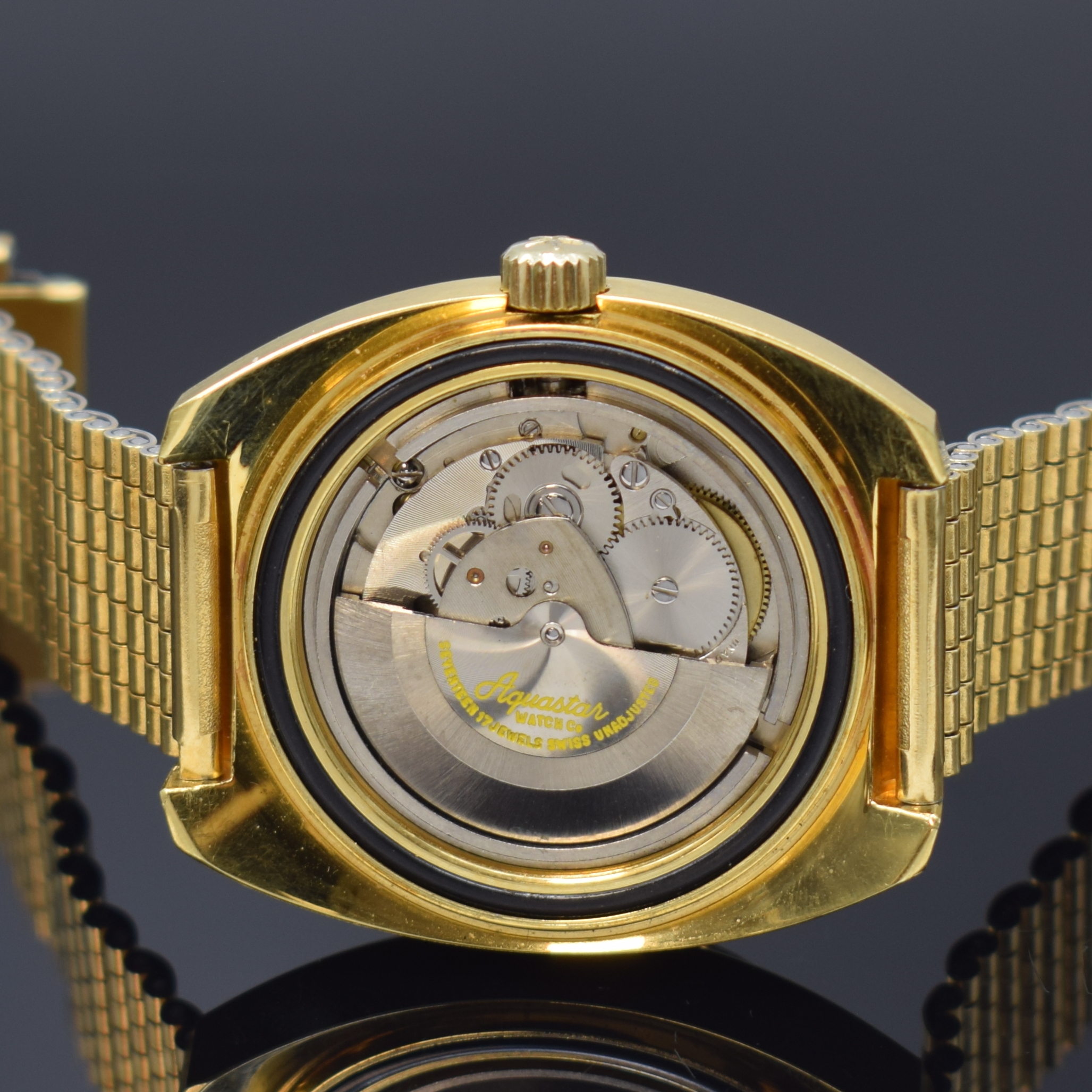 Detail e: LORENZ Herrenarmbanduhr Seatime Aquastar Referenz 1000, Automatik, Schweiz 1970er Jahre, verg. Geh. inkl. orig. Gliederband, Boden verschr., Anz. v. ...
