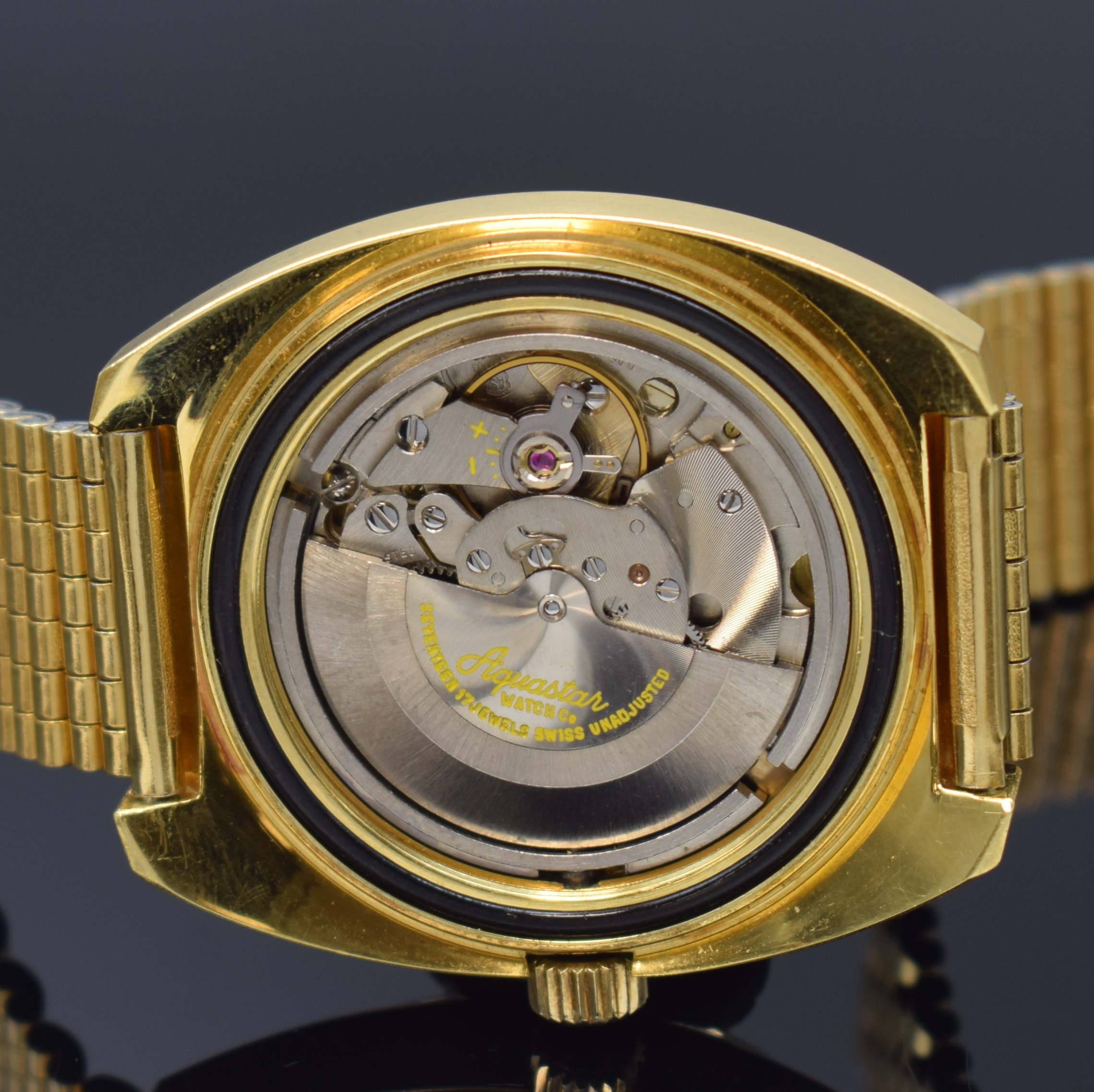 Detail f: LORENZ Herrenarmbanduhr Seatime Aquastar Referenz 1000, Automatik, Schweiz 1970er Jahre, verg. Geh. inkl. orig. Gliederband, Boden verschr., Anz. v. ...