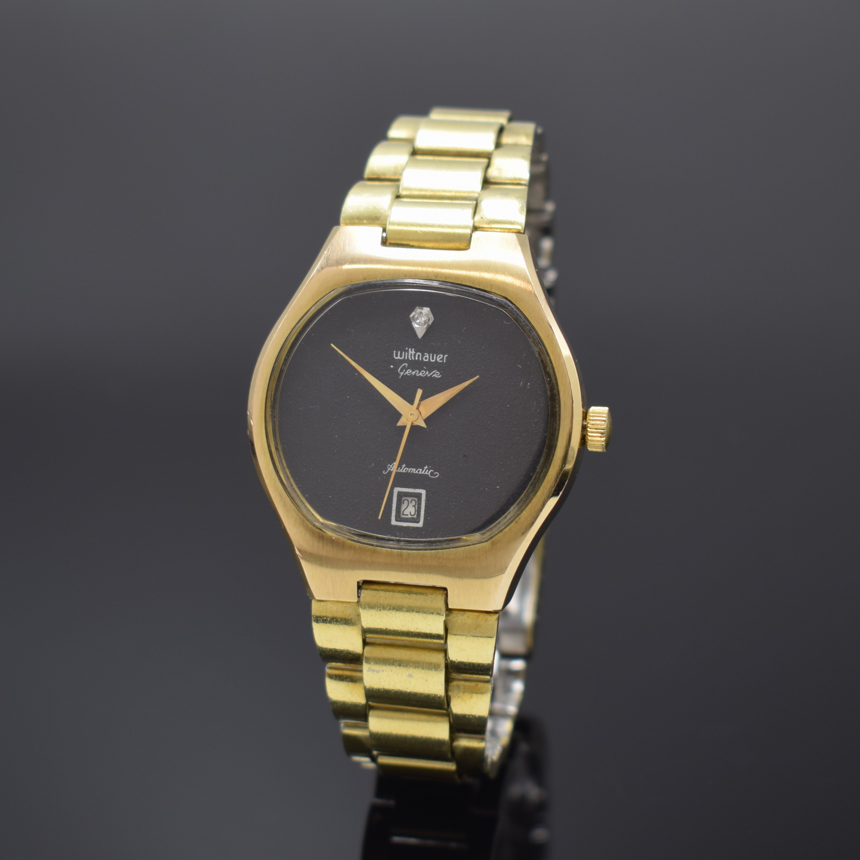 WITTNAUER Herrenarmbanduhr, Automatik, Schweiz fürden US-Markt um 1970, verg. Geh. inkl. orig. Gliederband m. Faltschl., Edelstahlboden verschr., ...