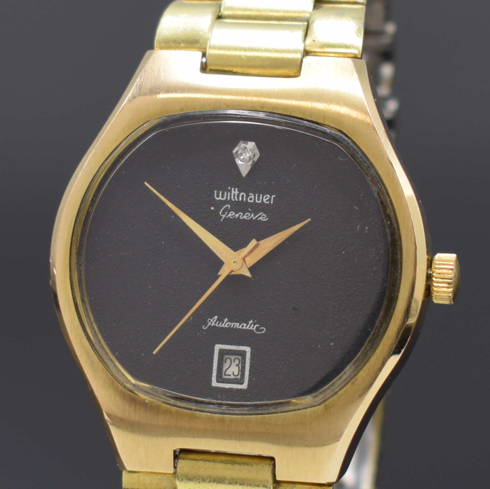 Detail a: WITTNAUER Herrenarmbanduhr, Automatik, Schweiz fürden US-Markt um 1970, verg. Geh. inkl. orig. Gliederband m. Faltschl., Edelstahlboden verschr., ...