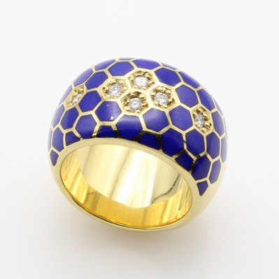 Image Ring mit Lapislazuli und Brillanten, GG 750/000, Wabenmuster, Brill. zus. ca. 0.19 ct ...