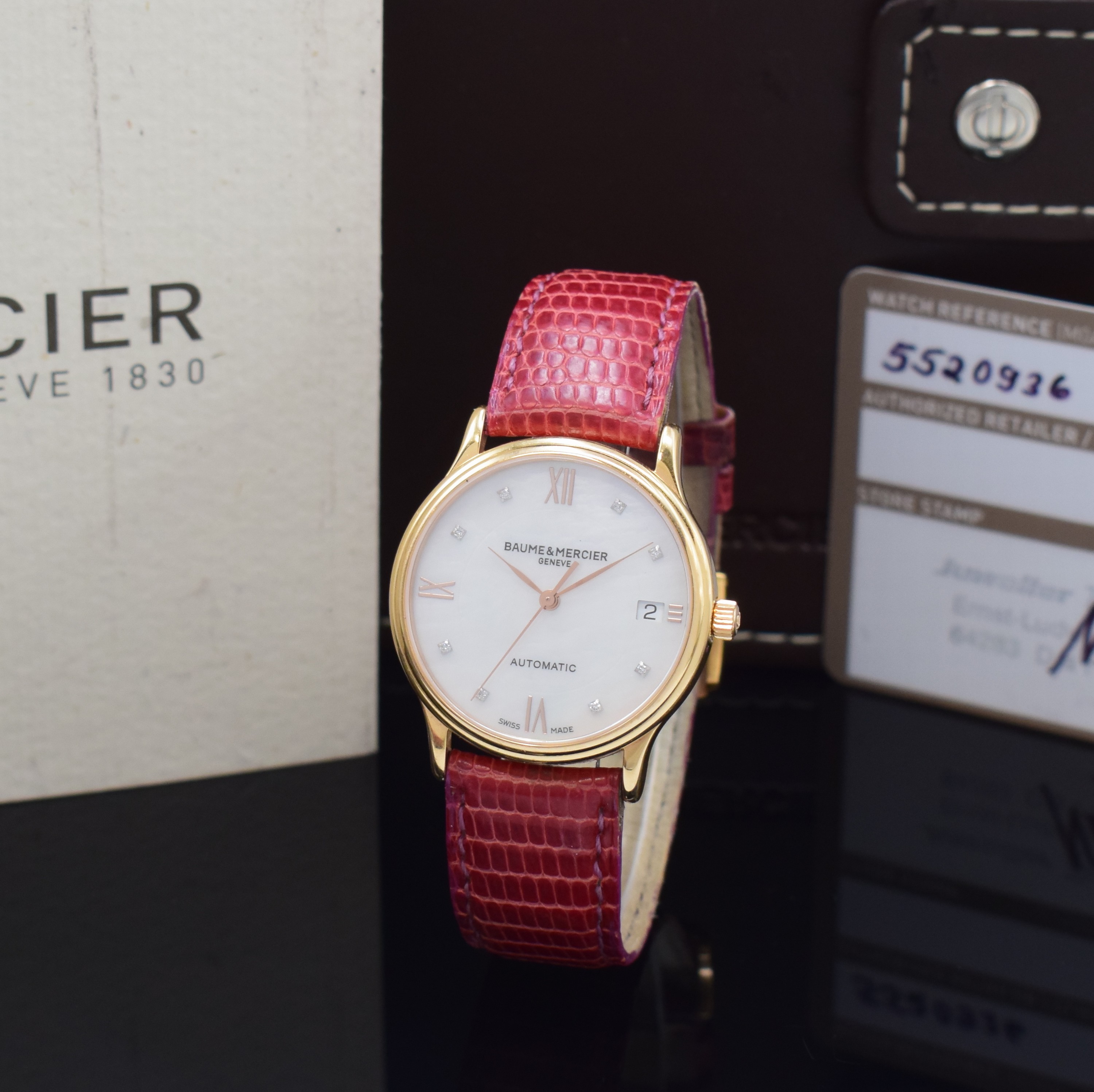 BAUME & MERCIER Damenarmbanduhr Classima in RG 750/000 Referenz MOS10077, Automatik, beids. vergl. Geh. inkl. Lederband mit verg. orig. Dornschl., ...