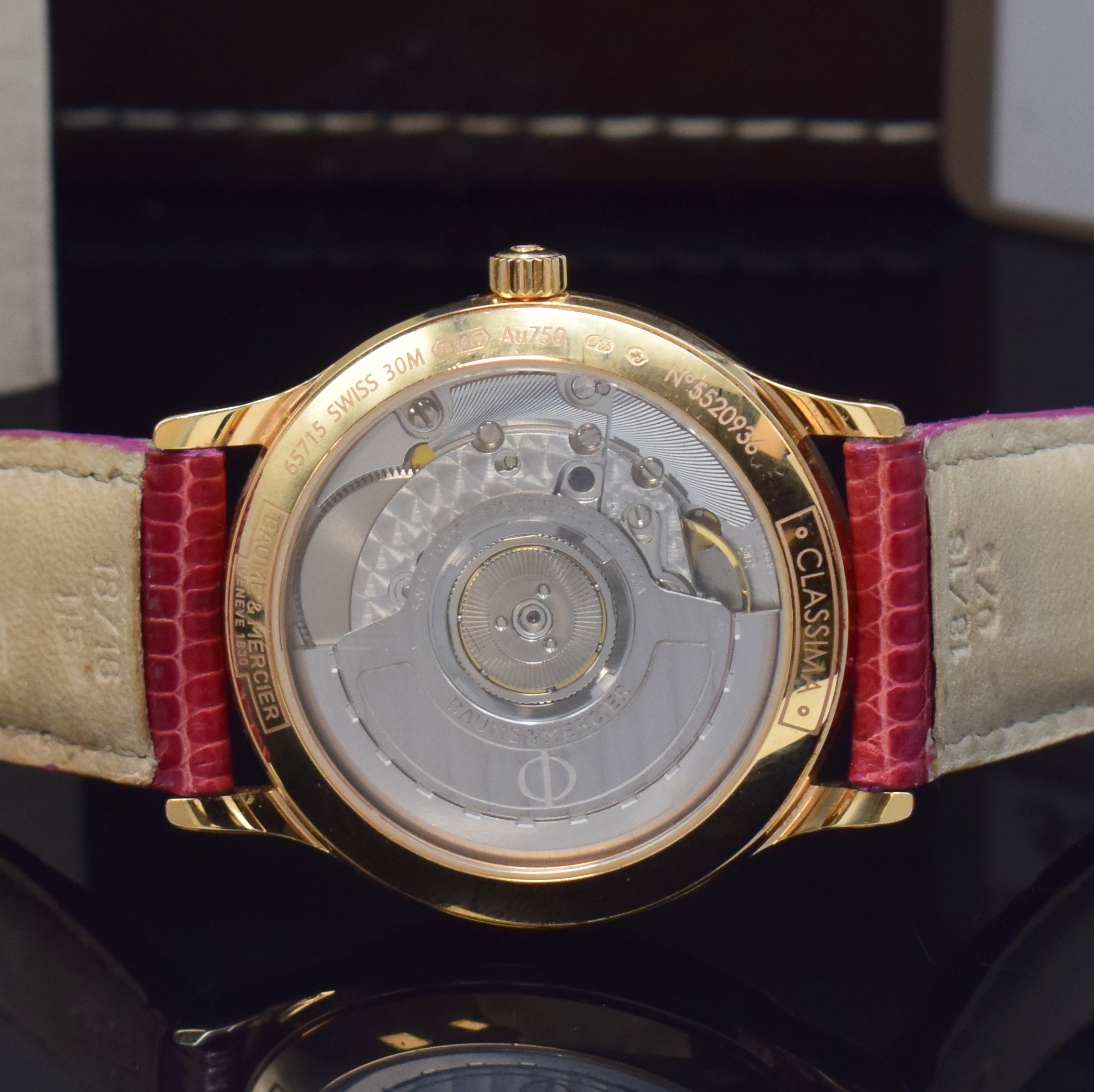 Detail d: BAUME & MERCIER Damenarmbanduhr Classima in RG 750/000 Referenz MOS10077, Automatik, beids. vergl. Geh. inkl. Lederband mit verg. orig. Dornschl., ...