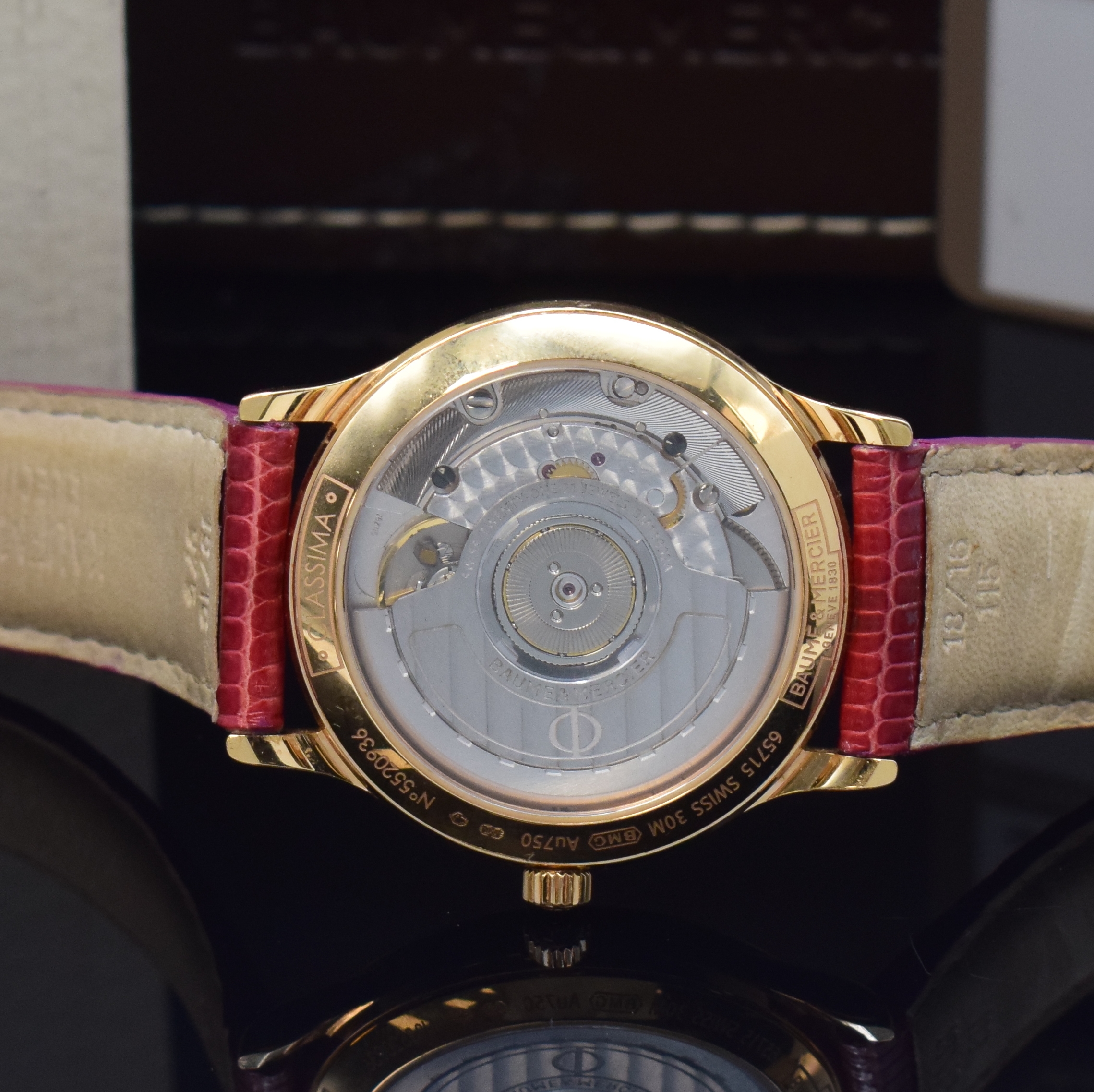 Detail e: BAUME & MERCIER Damenarmbanduhr Classima in RG 750/000 Referenz MOS10077, Automatik, beids. vergl. Geh. inkl. Lederband mit verg. orig. Dornschl., ...