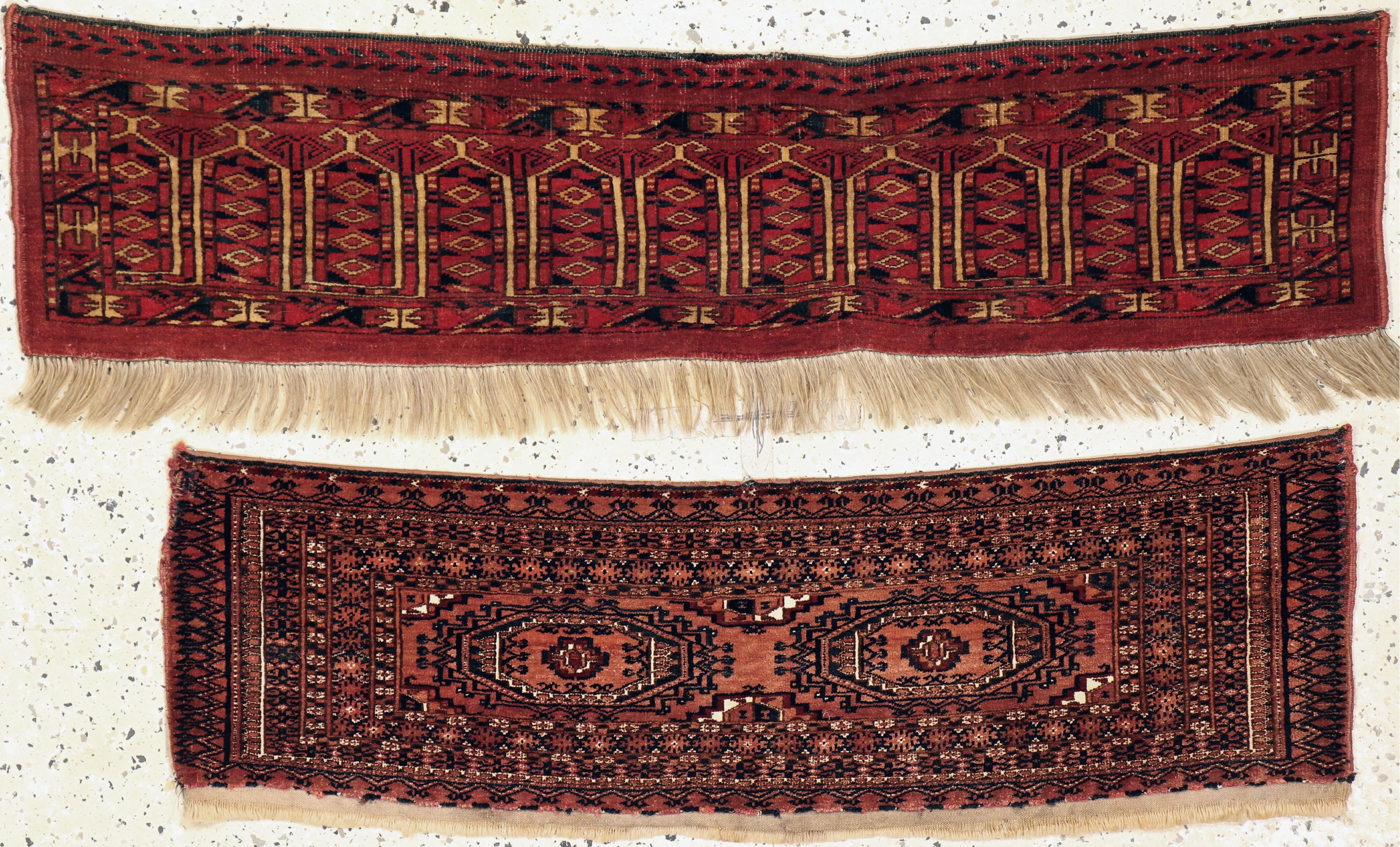 2 Lots Tekke & Kizil-Ayak, Torba Turkmenistan, 19.Jhd, Wolle auf Wolle, ca. 126x 29 cm, EHZ: 2-3