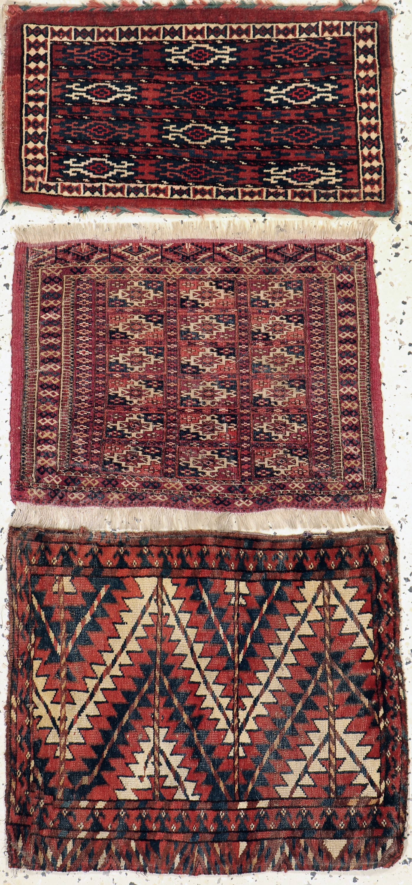 3 Lots Taschenfronten, Turkmenistan, 19.Jhd, Wolle auf Wolle, ca. 52 x 44 cm, EHZ: 3