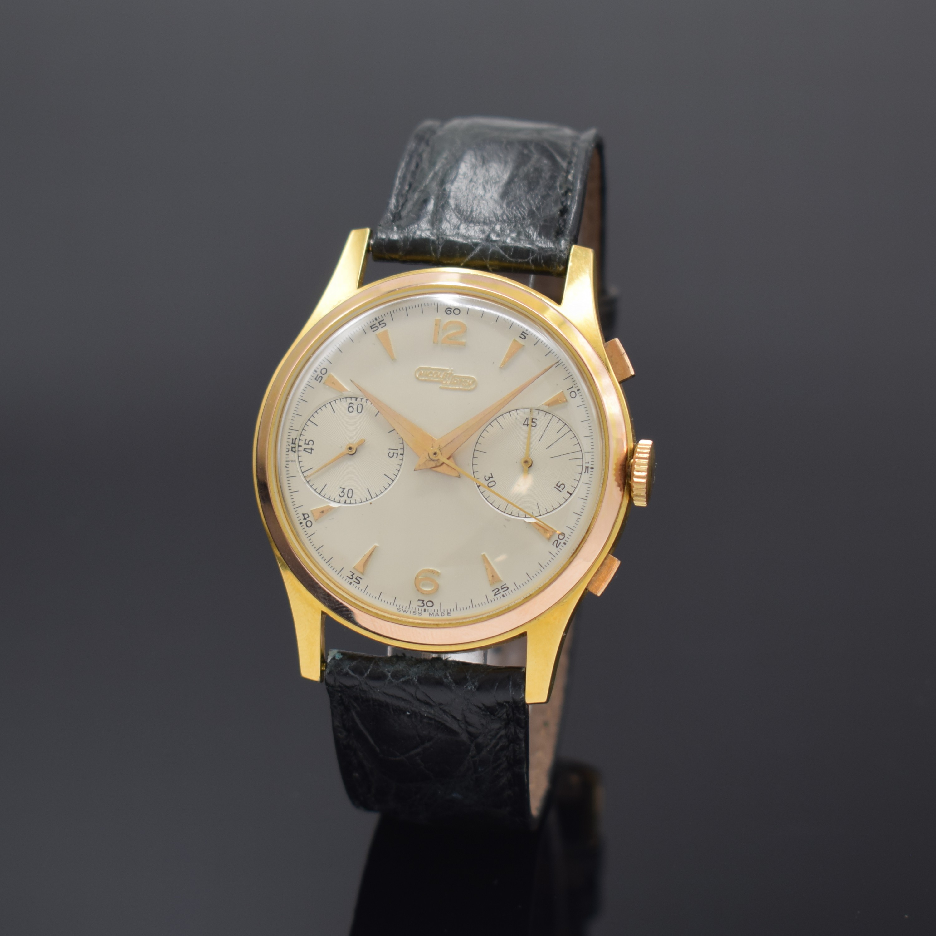 NICOLET WATCH seltener Schaltradchronograph, Handaufzug, Schweiz um 1958, Metallgeh. 20 Micron GG-Aufl., Boden u. Glasrand aufgedr., ...