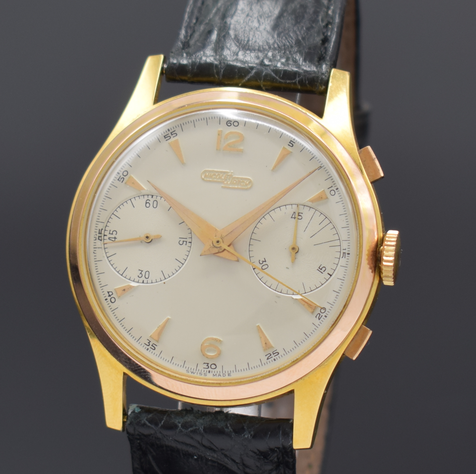 Detail a: NICOLET WATCH seltener Schaltradchronograph, Handaufzug, Schweiz um 1958, Metallgeh. 20 Micron GG-Aufl., Boden u. Glasrand aufgedr., ...