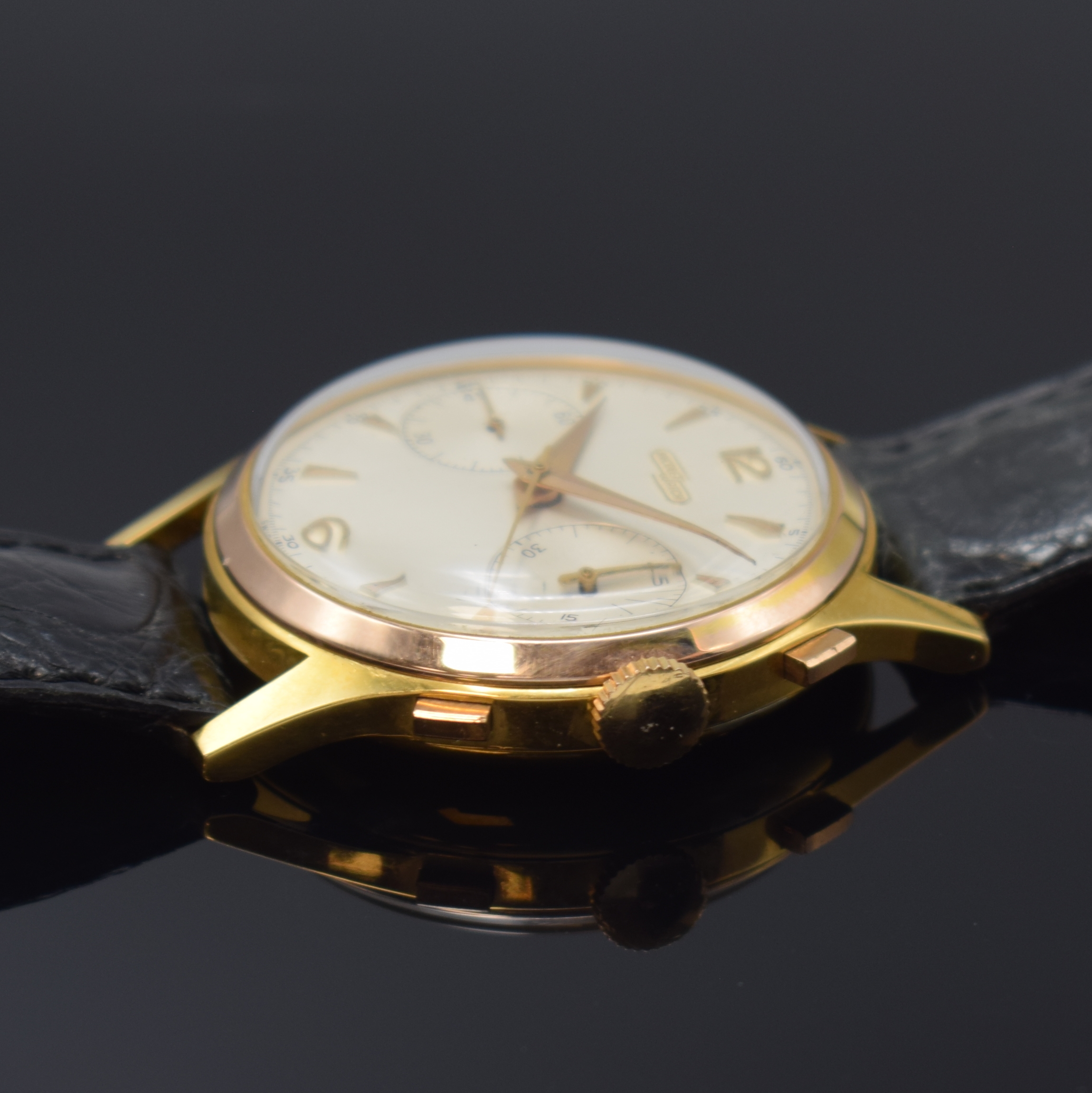 Detail b: NICOLET WATCH seltener Schaltradchronograph, Handaufzug, Schweiz um 1958, Metallgeh. 20 Micron GG-Aufl., Boden u. Glasrand aufgedr., ...