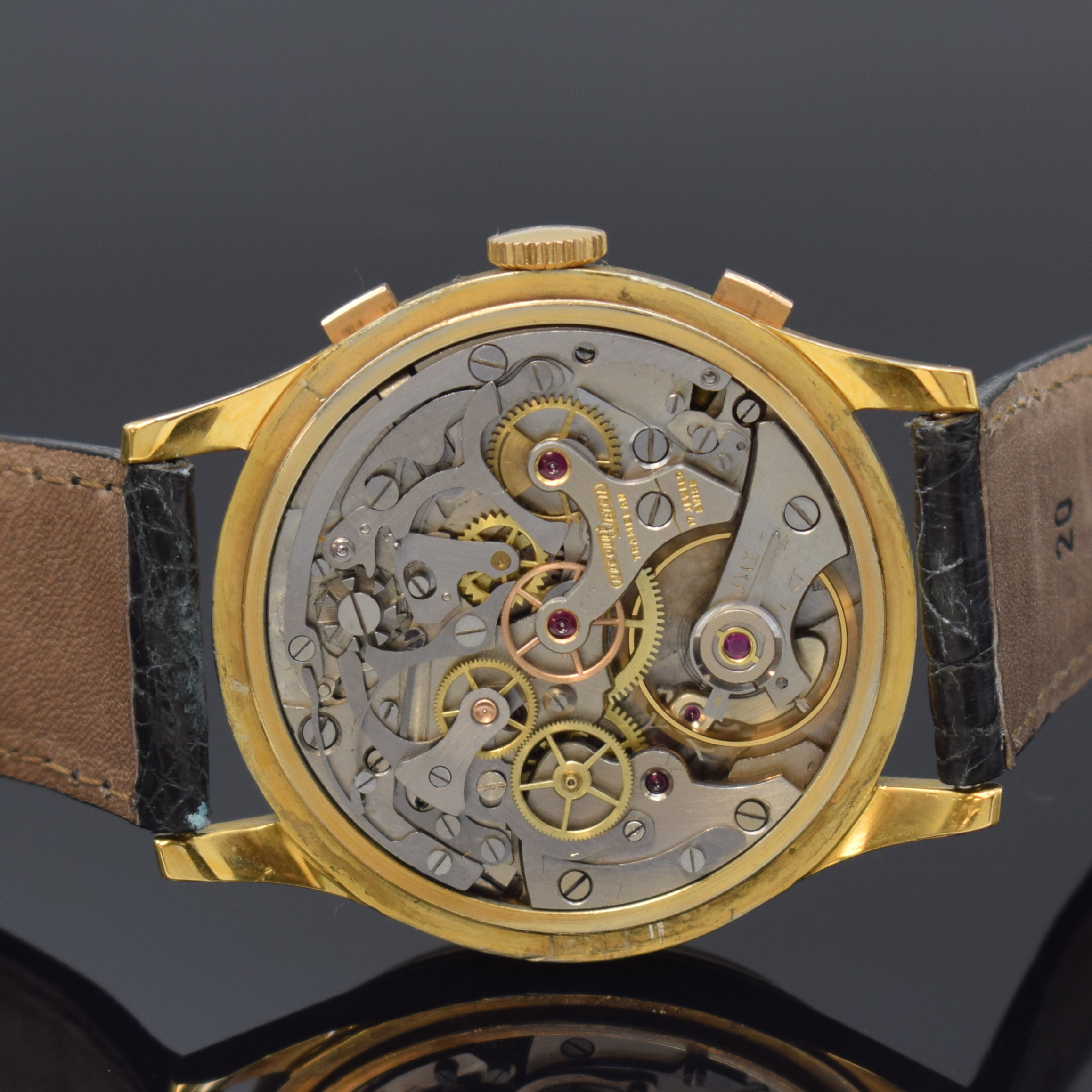 Detail d: NICOLET WATCH seltener Schaltradchronograph, Handaufzug, Schweiz um 1958, Metallgeh. 20 Micron GG-Aufl., Boden u. Glasrand aufgedr., ...