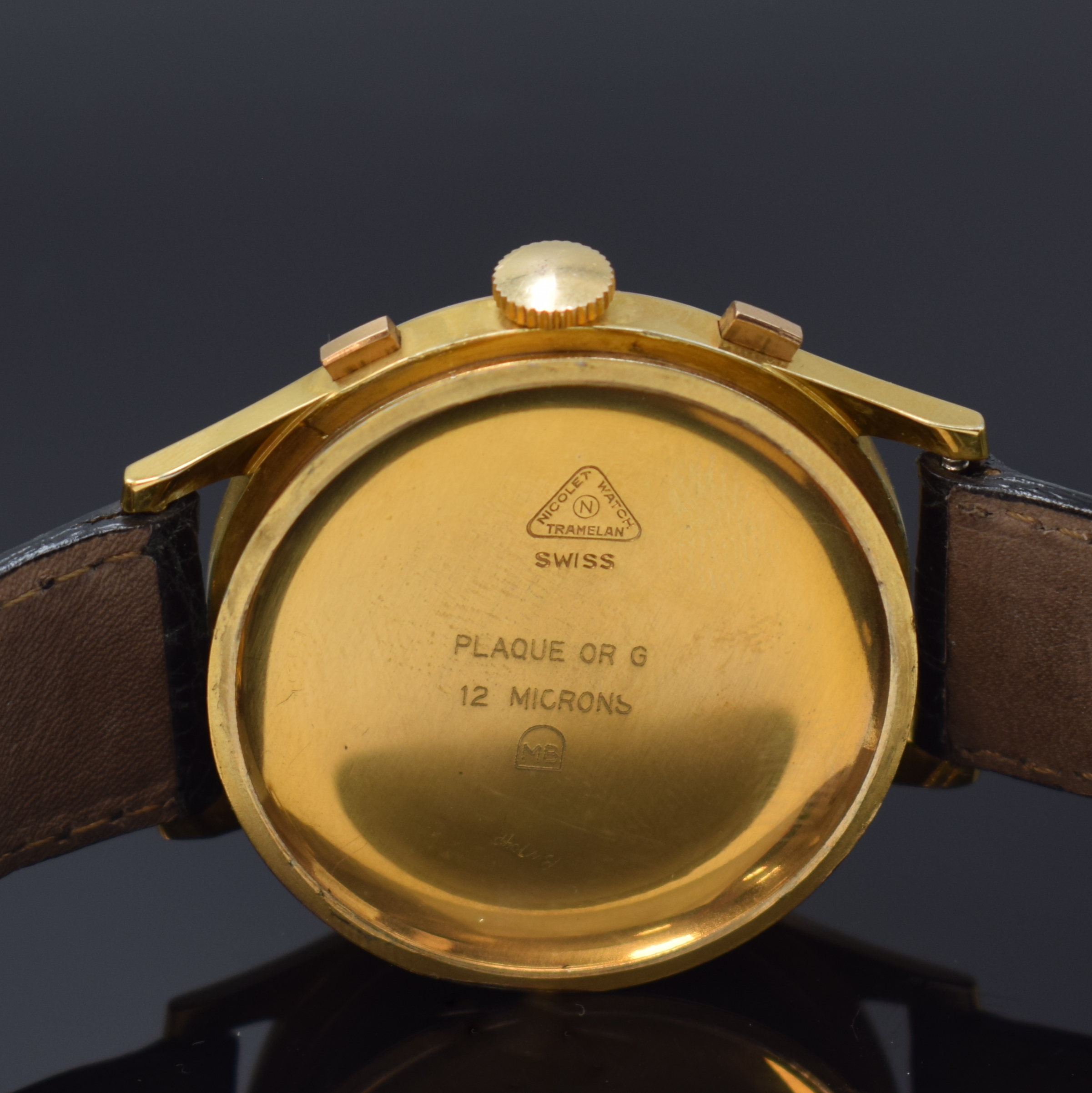 Detail e: NICOLET WATCH seltener Schaltradchronograph, Handaufzug, Schweiz um 1958, Metallgeh. 20 Micron GG-Aufl., Boden u. Glasrand aufgedr., ...
