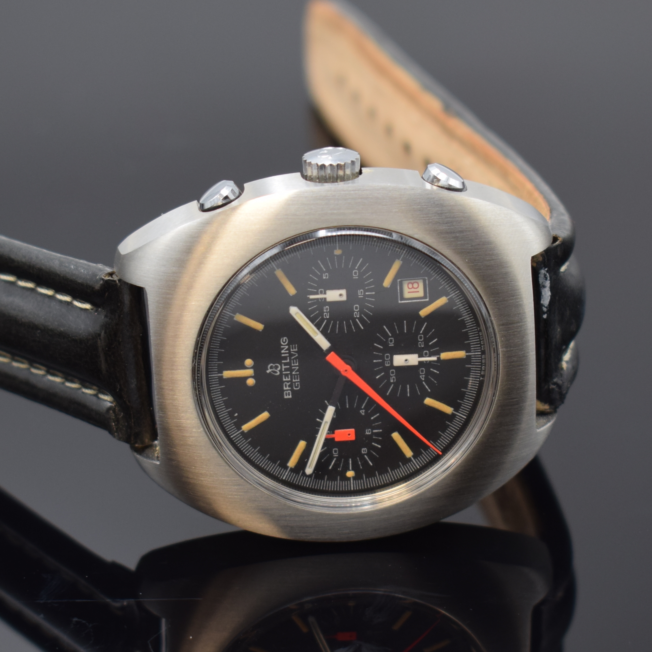 Detail a: BREITLING ungetragener Armbandchronograph Long Playing Referenz 7103.3, Handaufzug, Schweiz um 1973, Edelstahlgeh. inkl. altem orig. Display ...