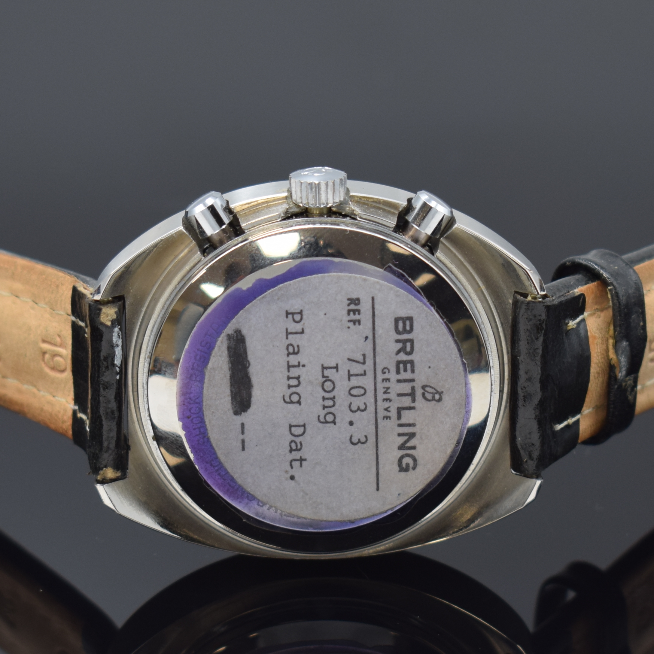Detail d: BREITLING ungetragener Armbandchronograph Long Playing Referenz 7103.3, Handaufzug, Schweiz um 1973, Edelstahlgeh. inkl. altem orig. Display ...