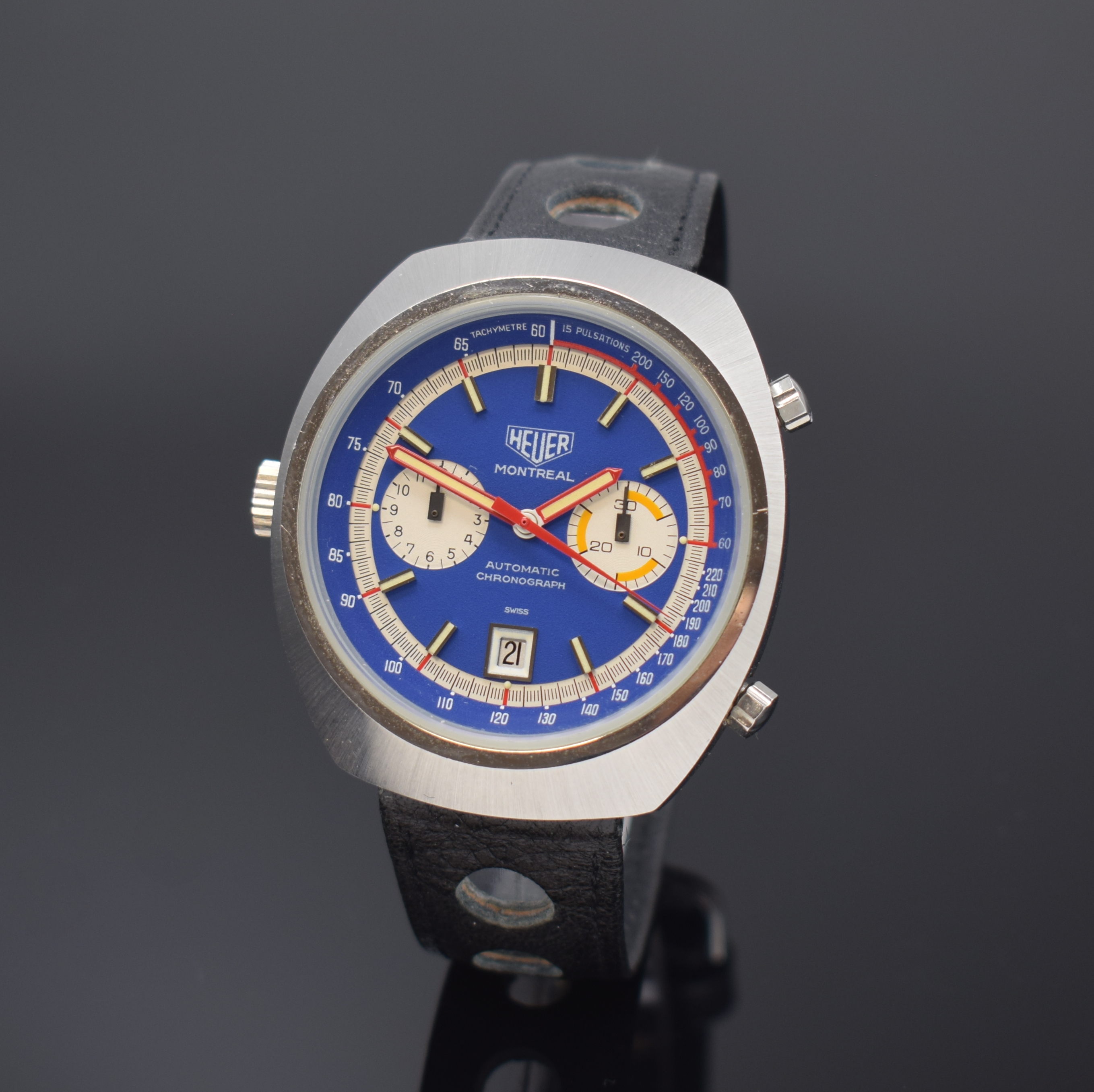 HEUER Montreal Referenz 110.503 Armbanduhr mit Chronograph in Stahl, Schweiz um 1975, Automatik, 2-tlg. Geh., Boden m. orig. Stickerverschr., orig. ...