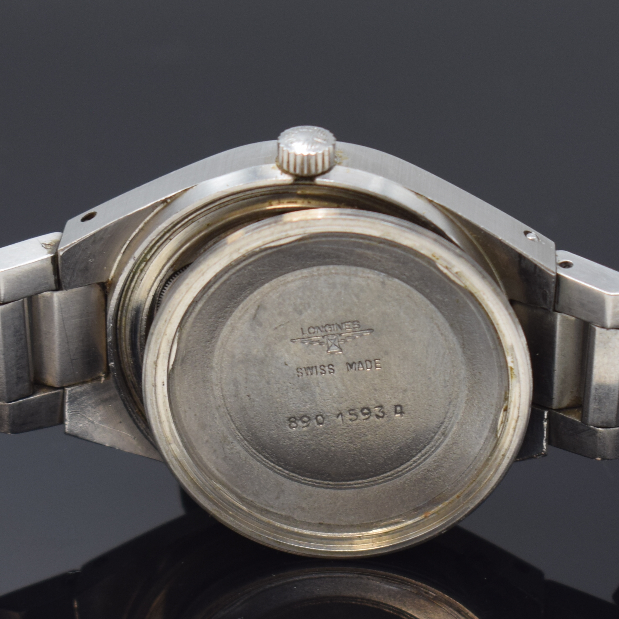 Detail g: LONGINES Armbanduhr in Stahl/Stahlband, Schweiz um 1975, Automatik, 2-tlg. Geh. m. integr. orig. Band, Boden verschr., orig. Krone, silb. Zifferbl., ...