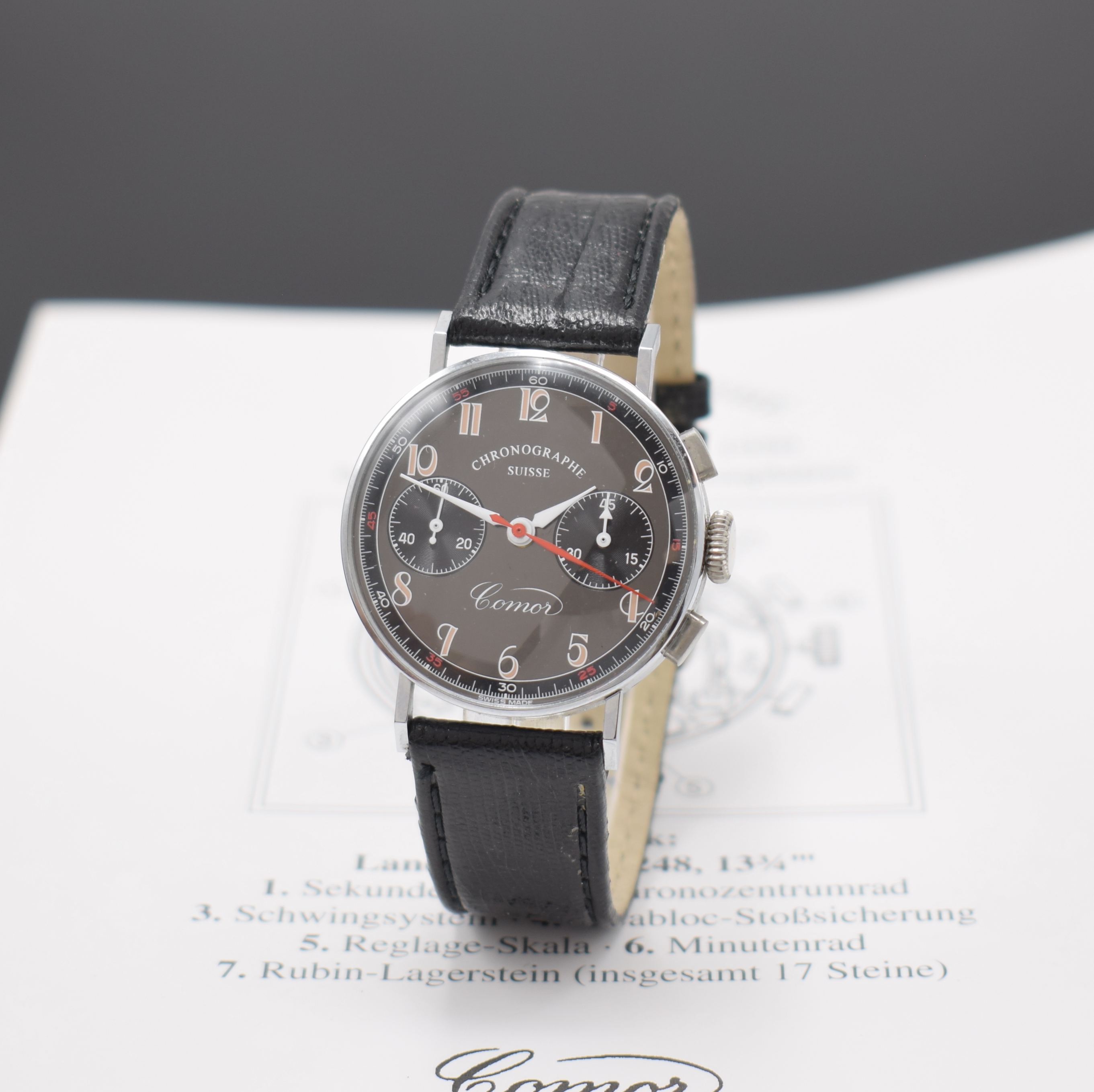 COMOR / CHRONOGRAPHE SUISSE limitierter, nahezu neuwertiger Armbandchronograph, Schweiz lt. orig. Pap. verk. 1996, Handaufzug, verchr. Geh., ...