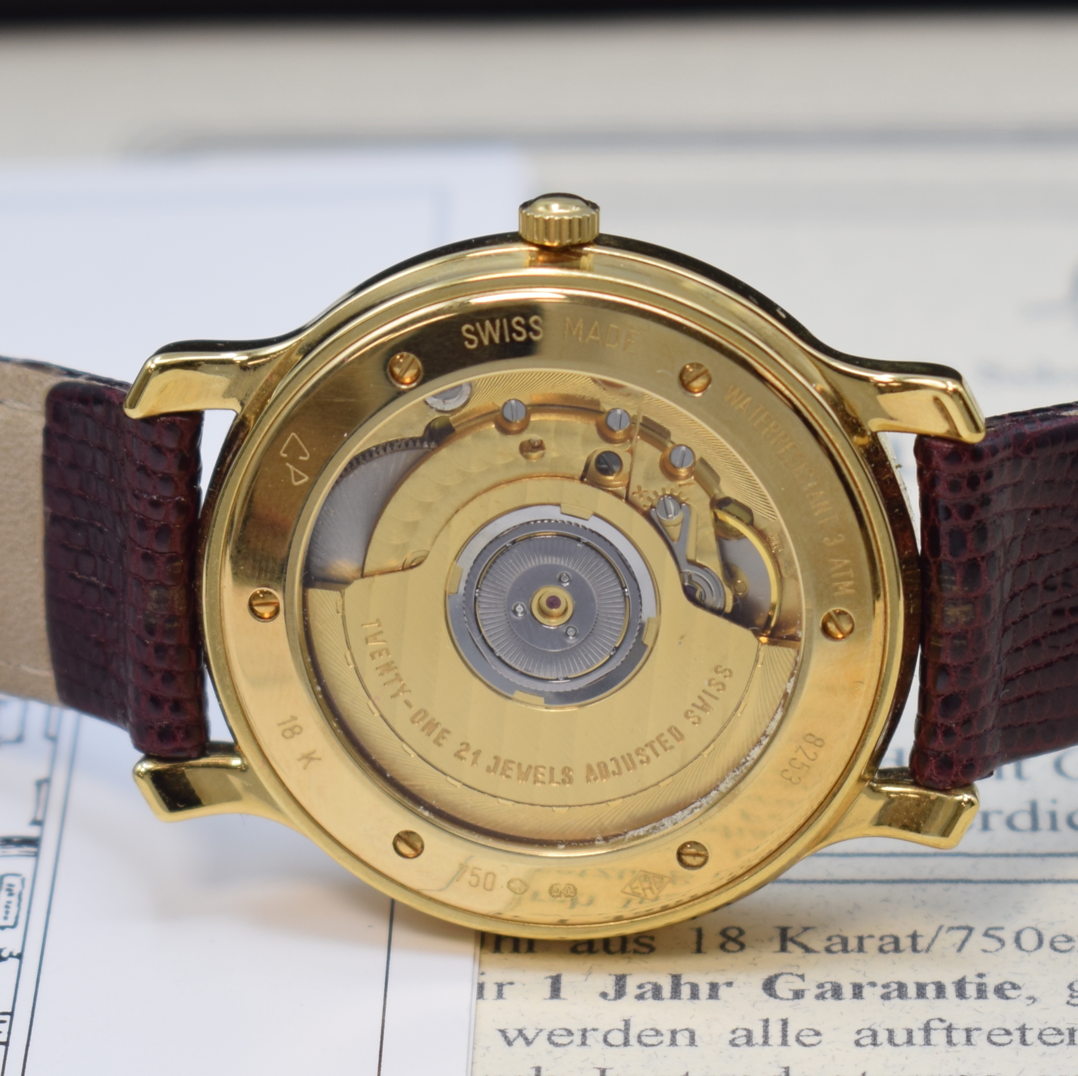 Detail c: DU BOIS Armbanduhr in GG 750/000, Schweiz lt. orig. Pap. verk. 1999, Automatik, beids. vergl. Geh., Boden 6-fach verschr., cremefarb. Zifferbl., ...