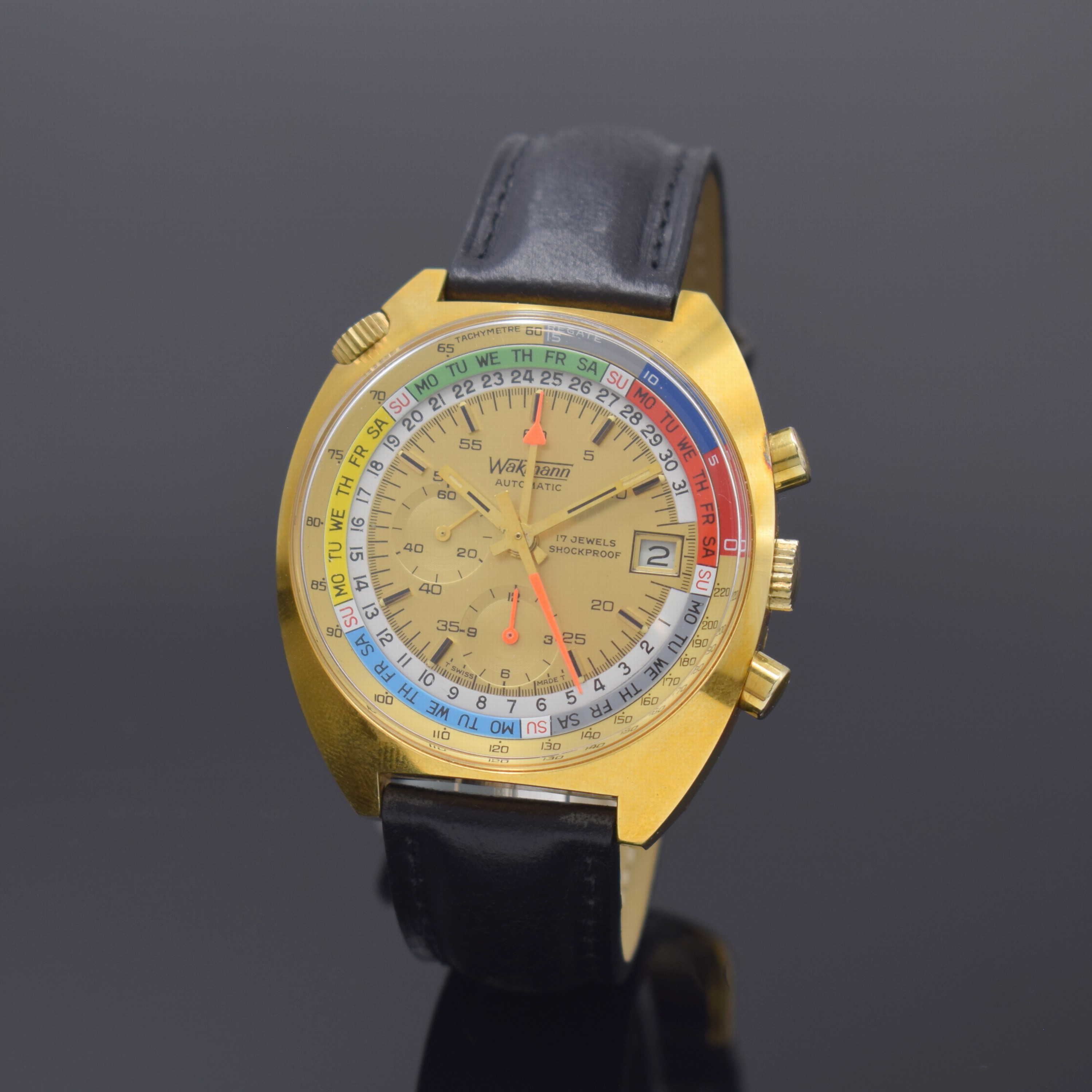 WAKMANN nahezu neuwertiger Armbandchronograph Referenz 9804, Schweiz um 1975, Automatik, verg. Geh. pat., Stahlboden aufgedr., innen- liegende ...
