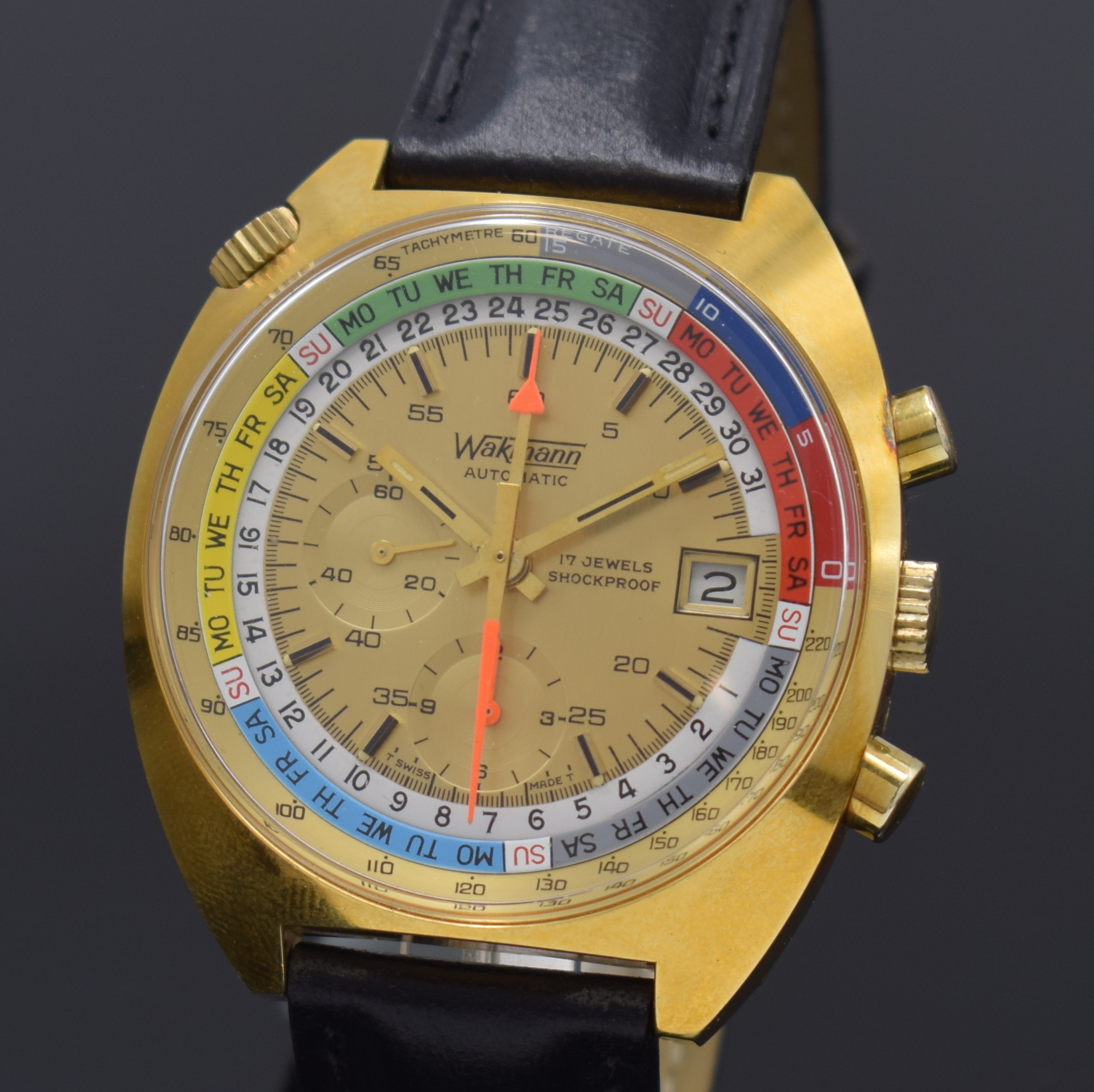 Detail a: WAKMANN nahezu neuwertiger Armbandchronograph Referenz 9804, Schweiz um 1975, Automatik, verg. Geh. pat., Stahlboden aufgedr., innen- liegende ...