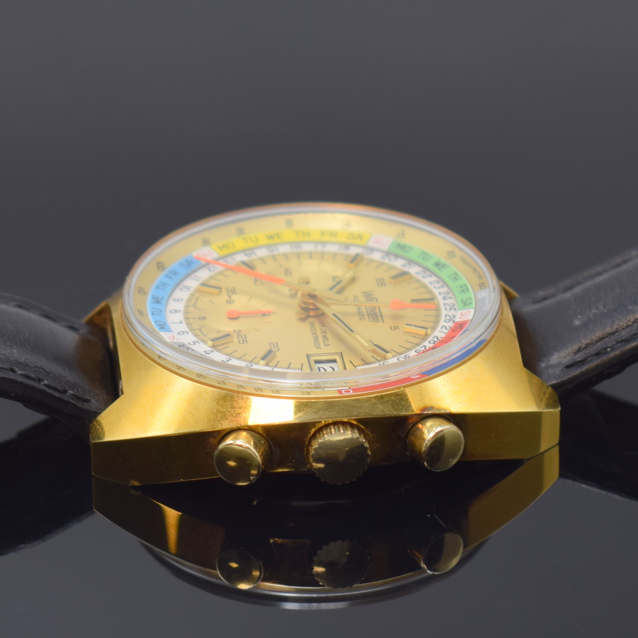 Detail b: WAKMANN nahezu neuwertiger Armbandchronograph Referenz 9804, Schweiz um 1975, Automatik, verg. Geh. pat., Stahlboden aufgedr., innen- liegende ...