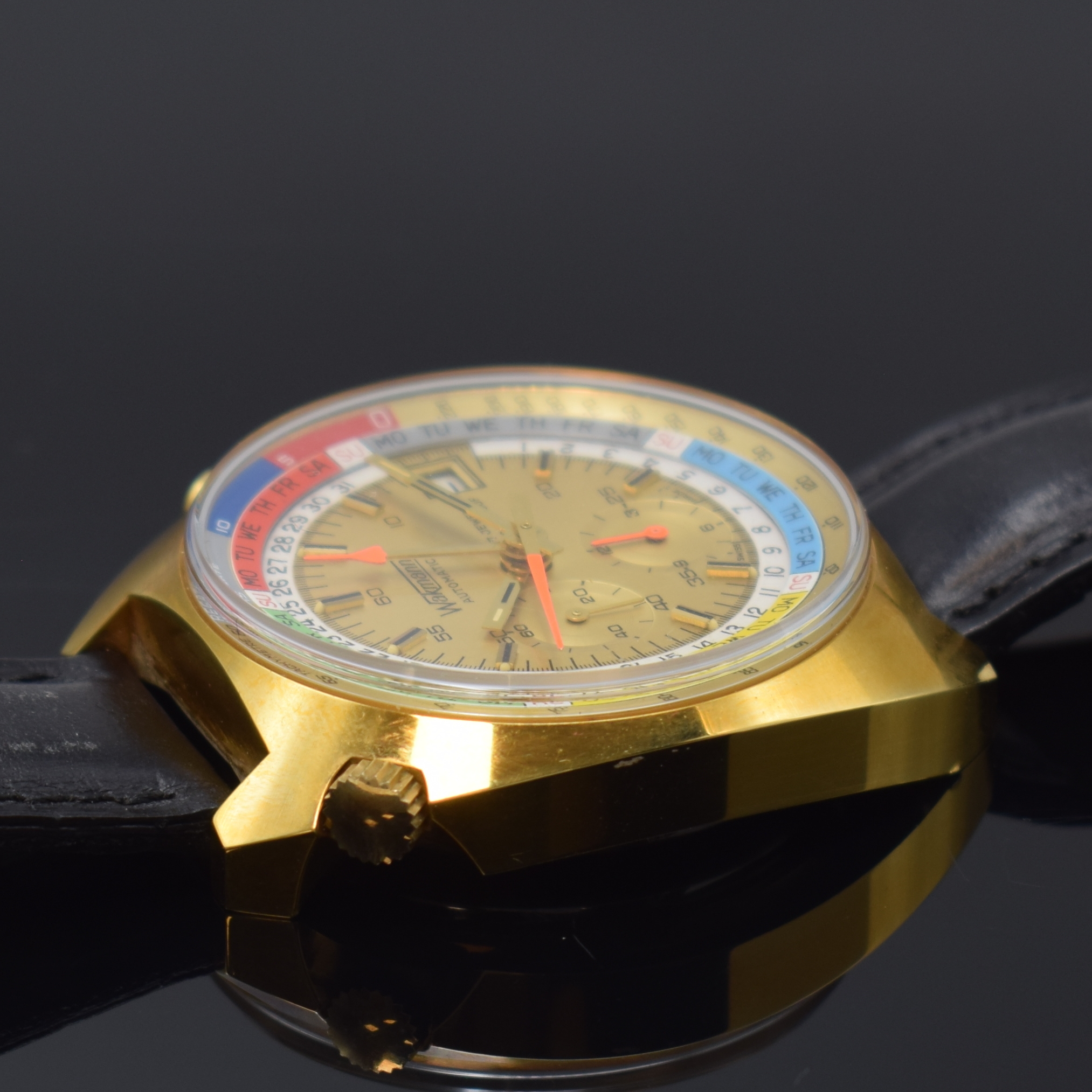 Detail c: WAKMANN nahezu neuwertiger Armbandchronograph Referenz 9804, Schweiz um 1975, Automatik, verg. Geh. pat., Stahlboden aufgedr., innen- liegende ...