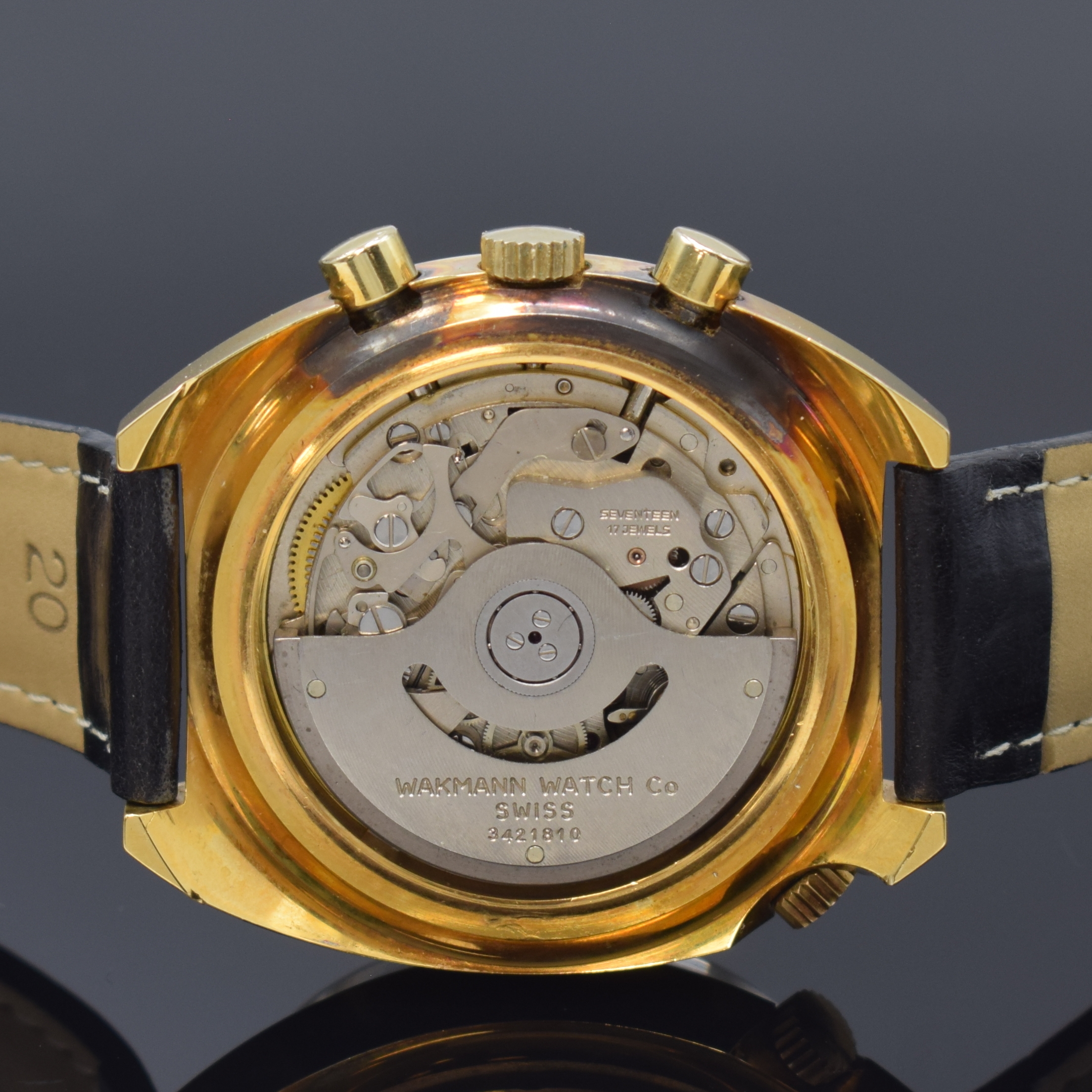 Detail e: WAKMANN nahezu neuwertiger Armbandchronograph Referenz 9804, Schweiz um 1975, Automatik, verg. Geh. pat., Stahlboden aufgedr., innen- liegende ...