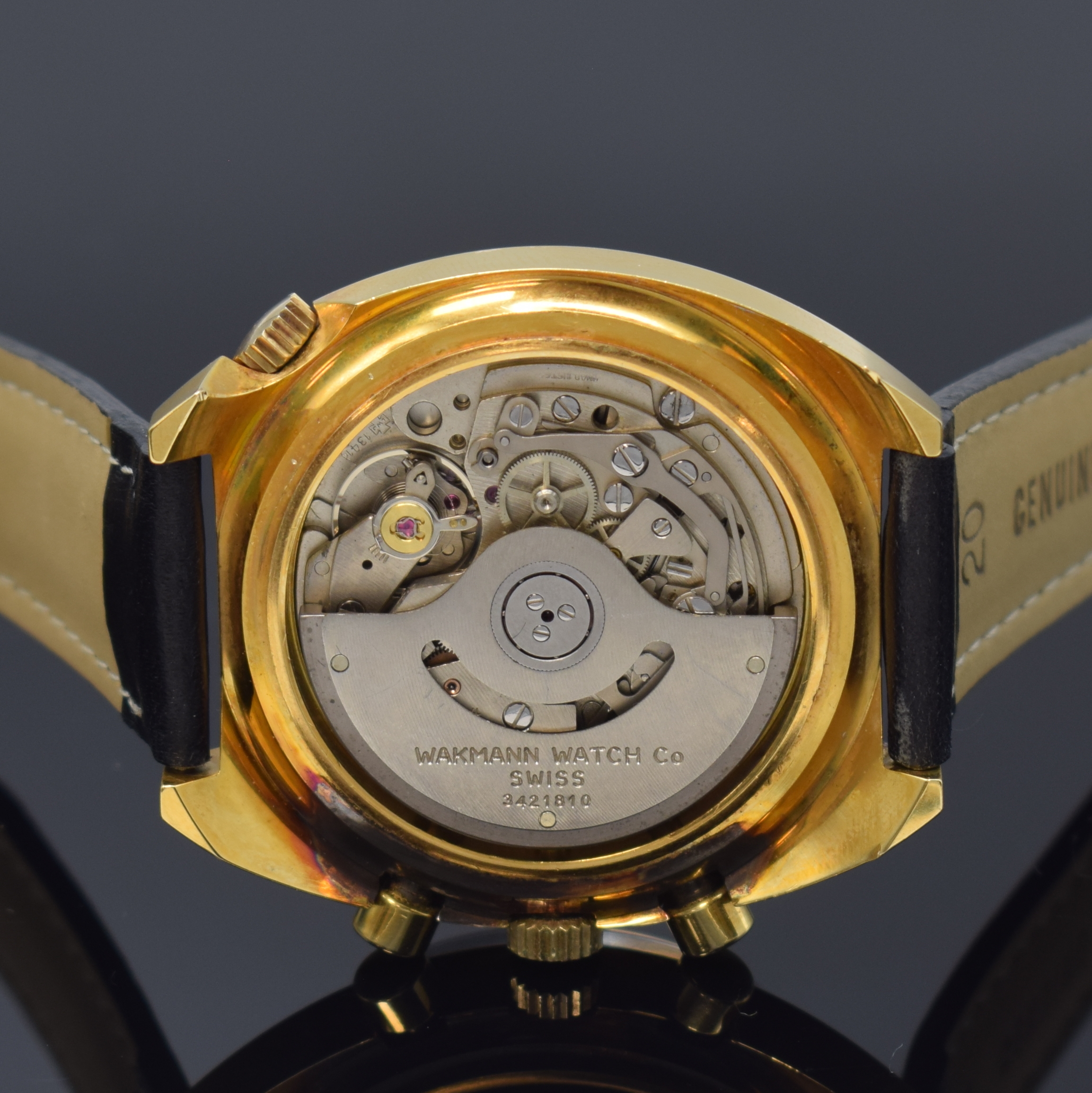 Detail f: WAKMANN nahezu neuwertiger Armbandchronograph Referenz 9804, Schweiz um 1975, Automatik, verg. Geh. pat., Stahlboden aufgedr., innen- liegende ...