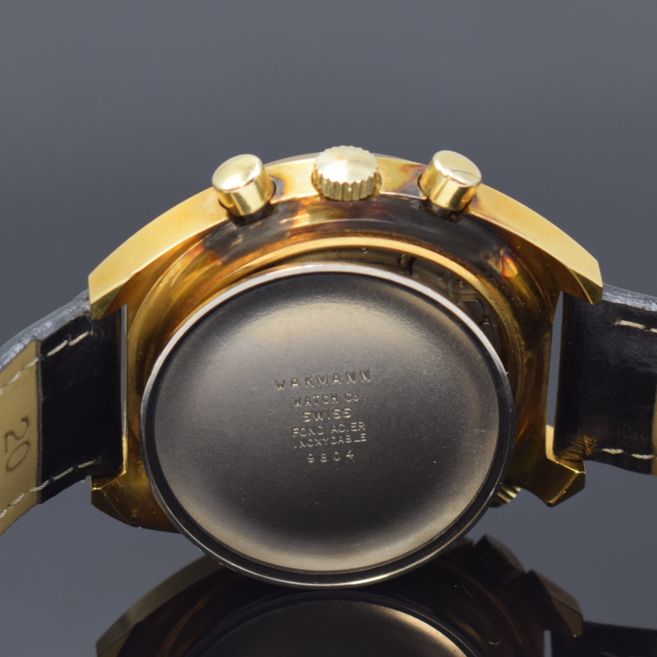 Detail g: WAKMANN nahezu neuwertiger Armbandchronograph Referenz 9804, Schweiz um 1975, Automatik, verg. Geh. pat., Stahlboden aufgedr., innen- liegende ...