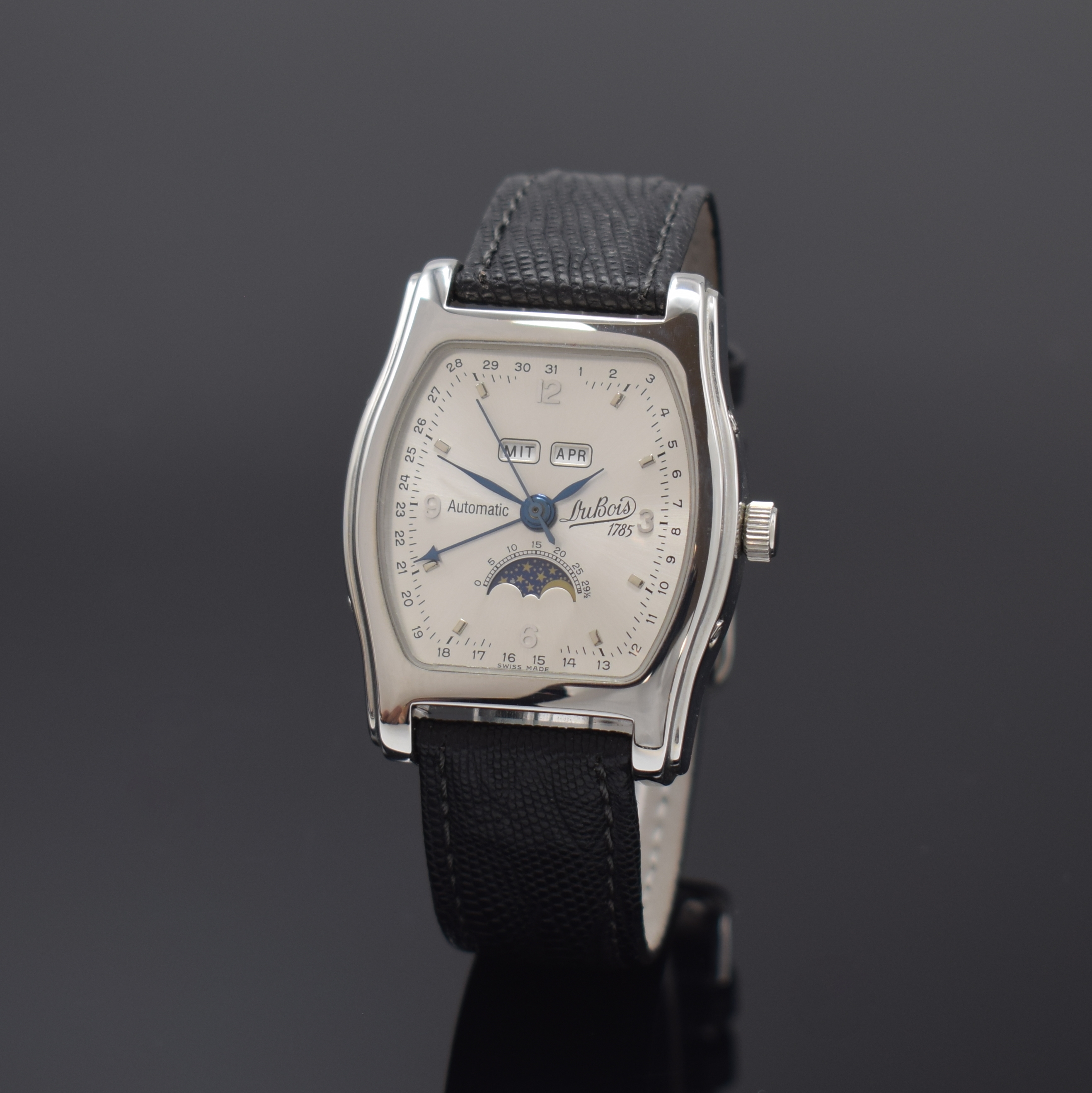 DU BOIS "Le Calendrier" Armbanduhr mit Vollkalender und Mondphase in Stahl, Schweiz um 1995, Automatik, tonneauförm., beids. vergl. Geh., ...