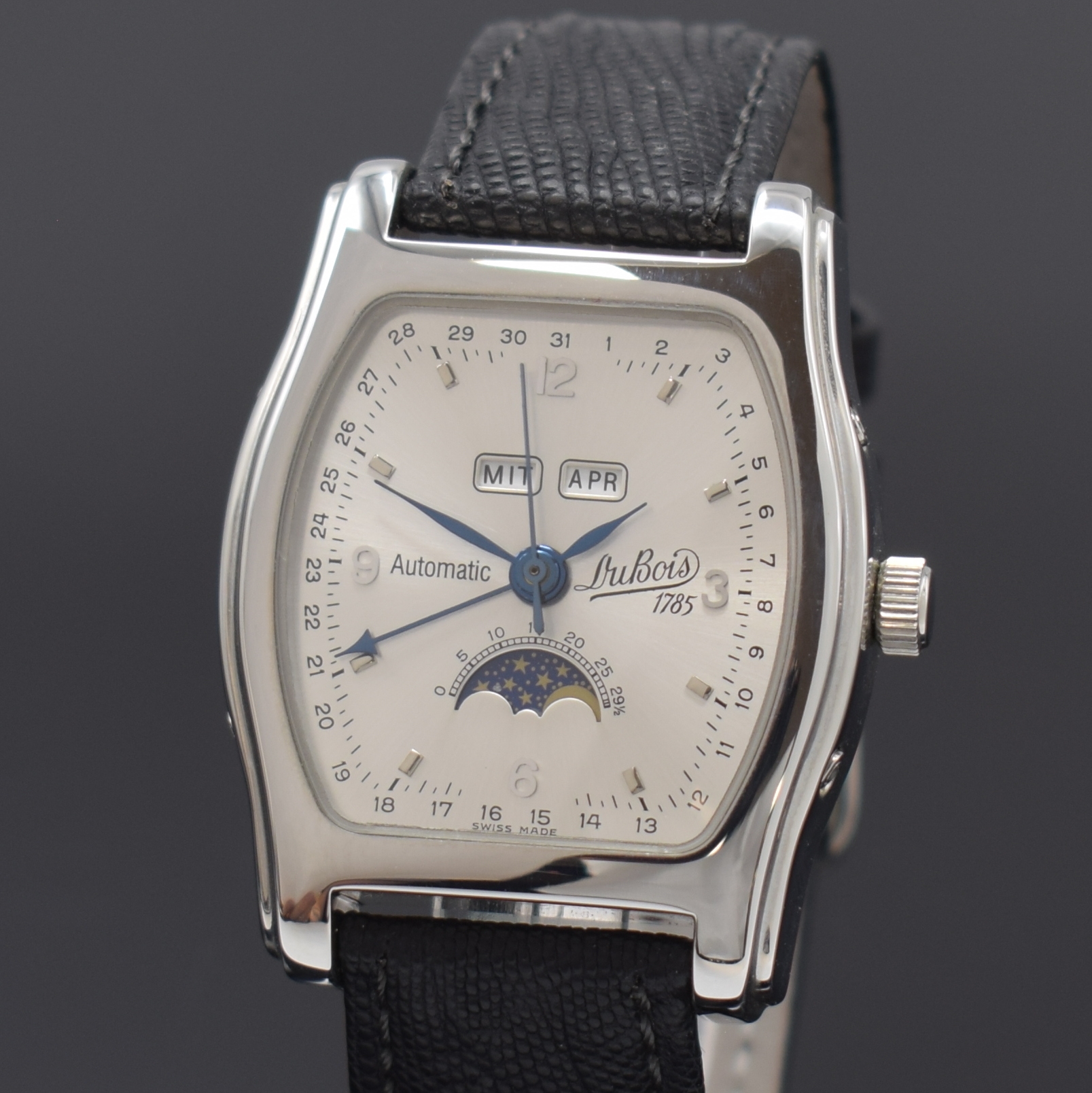 Detail a: DU BOIS "Le Calendrier" Armbanduhr mit Vollkalender und Mondphase in Stahl, Schweiz um 1995, Automatik, tonneauförm., beids. vergl. Geh., ...