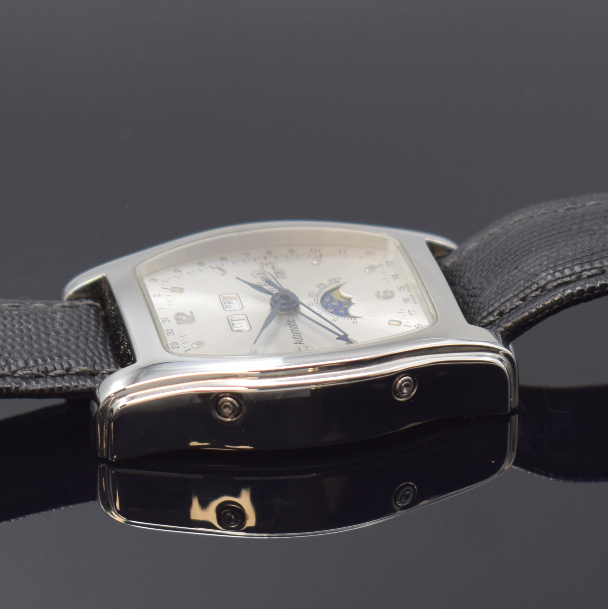 Detail c: DU BOIS "Le Calendrier" Armbanduhr mit Vollkalender und Mondphase in Stahl, Schweiz um 1995, Automatik, tonneauförm., beids. vergl. Geh., ...