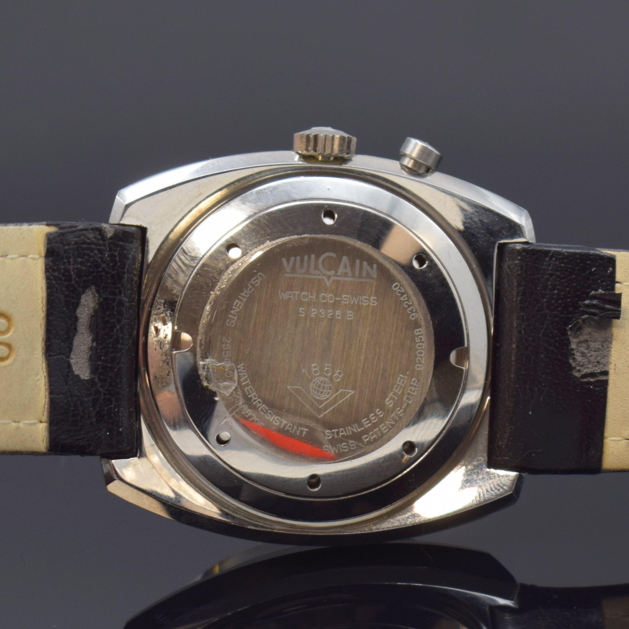 Detail b: VULCAIN Cricket nahezu neuwertige Armbanduhr mit Wecker Referenz S 2326 B in Stahl, Schweiz um 1970, Handaufzug, Kissenförm. Geh., Boden m. ...