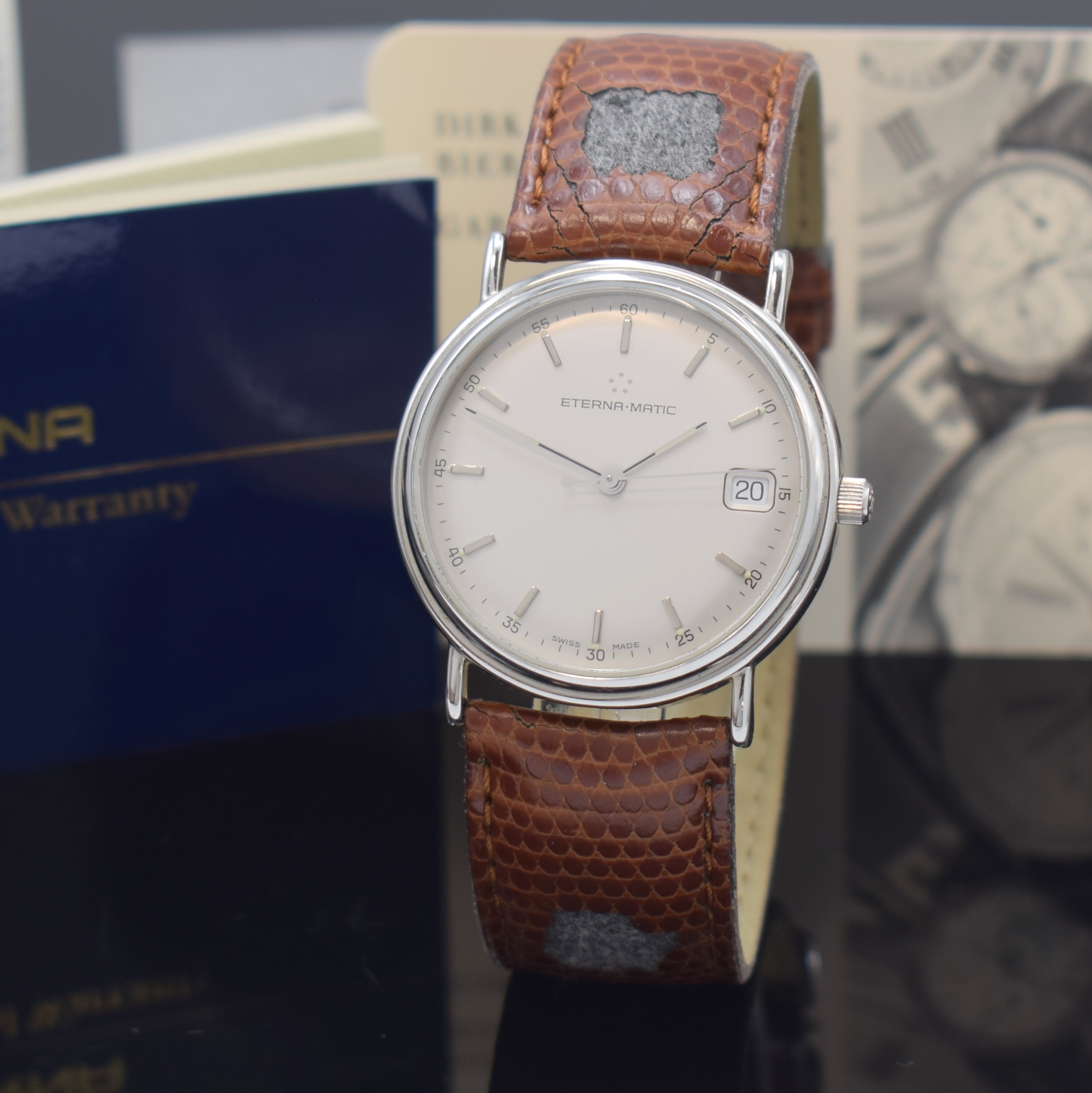 ETERNA-MATIC Armbanduhr in Stahl, Schweiz um 2000, Automatik, beids. vergl. Geh., Boden aufgedr., silb. Zifferbl., silb. Indizes u. Zeiger, Datum b. ...