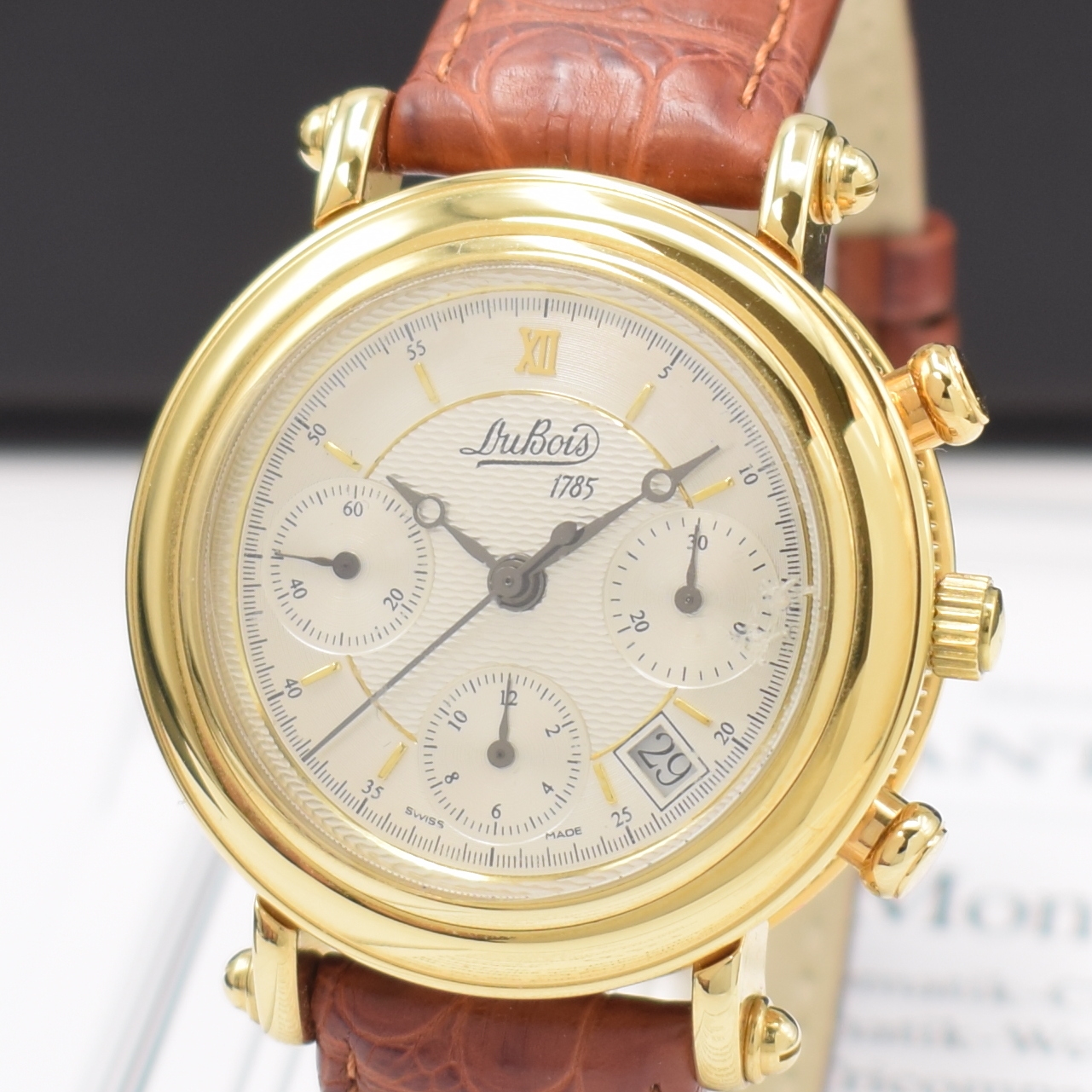 Detail a: DU BOIS vergoldeter Armbandchronograph, Schweiz lt. orig. Pap. verk. 1989, Automatik, beids. vergl. Geh. m. Münzrand, Boden aufgedr., silb. ...