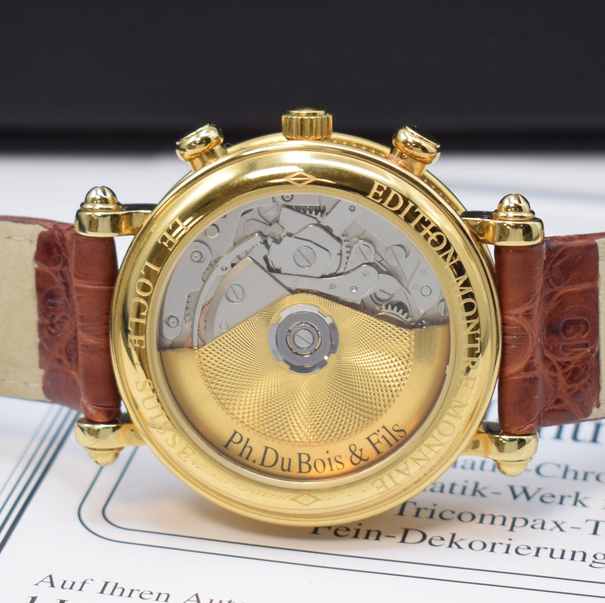Detail c: DU BOIS vergoldeter Armbandchronograph, Schweiz lt. orig. Pap. verk. 1989, Automatik, beids. vergl. Geh. m. Münzrand, Boden aufgedr., silb. ...