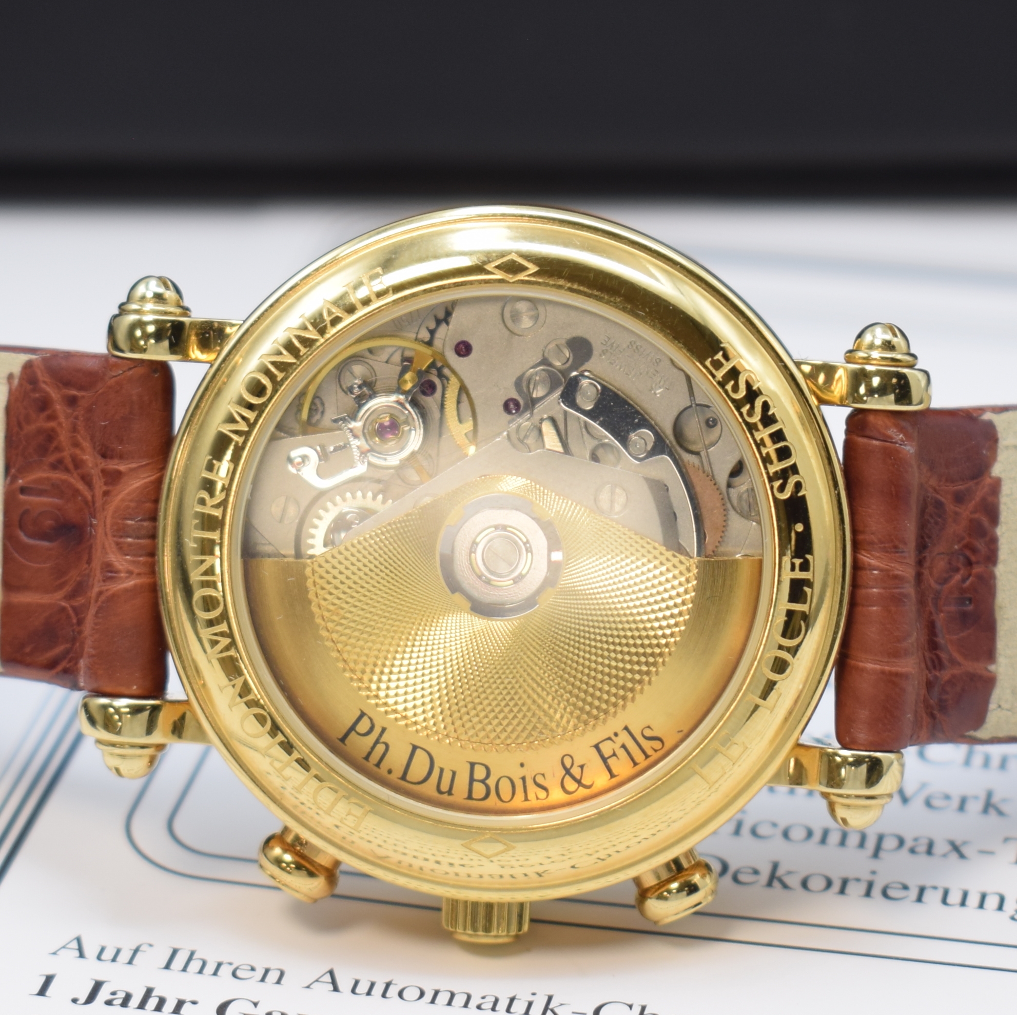 Detail d: DU BOIS vergoldeter Armbandchronograph, Schweiz lt. orig. Pap. verk. 1989, Automatik, beids. vergl. Geh. m. Münzrand, Boden aufgedr., silb. ...