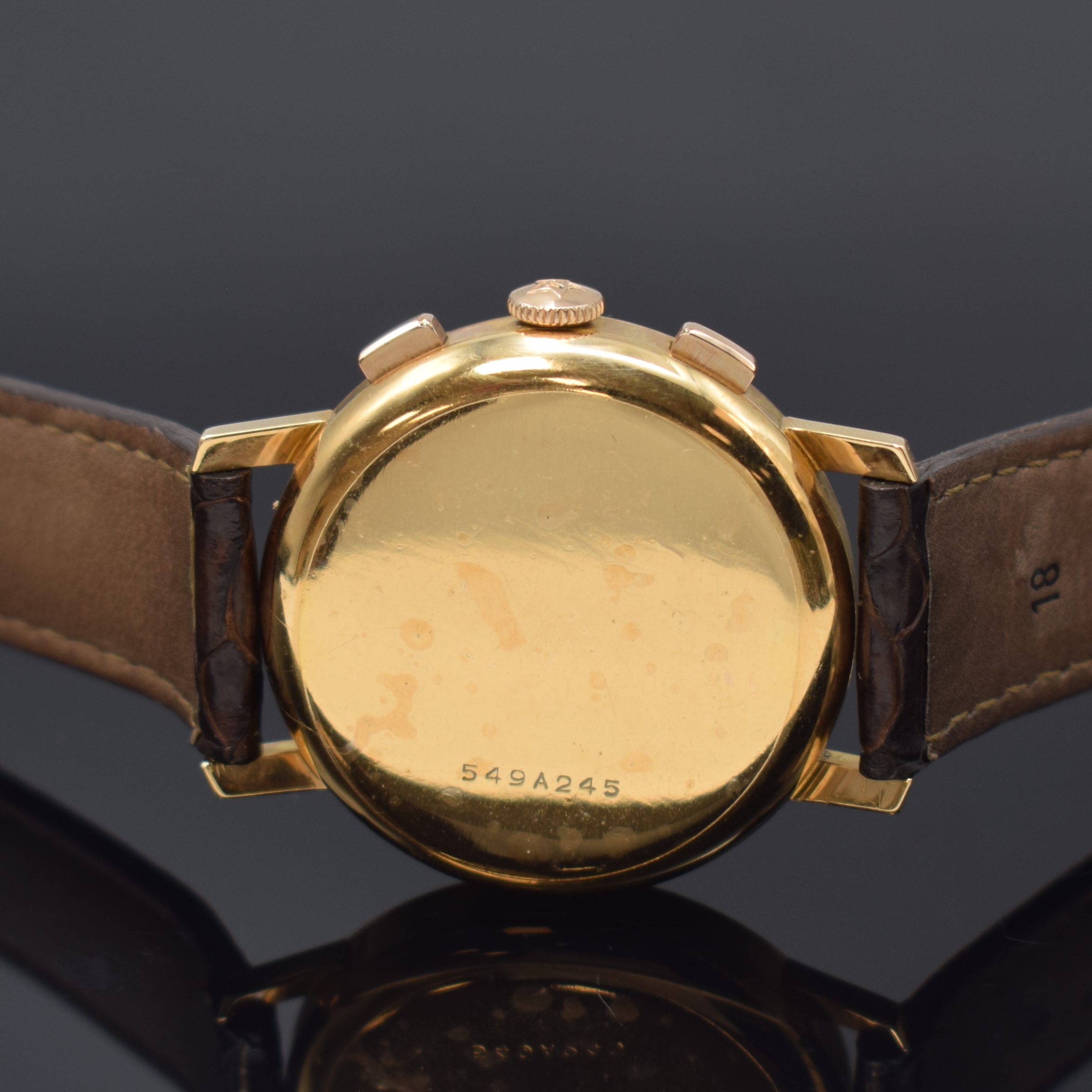 Detail c: ZENITH Schaltradchronograph in RoseG 750/000, Schweiz um 1965, Handaufzug, 3-tlg. Geh., Boden u. Glasrand gedr., orig. Krone, silb. Zifferbl. pat., ...
